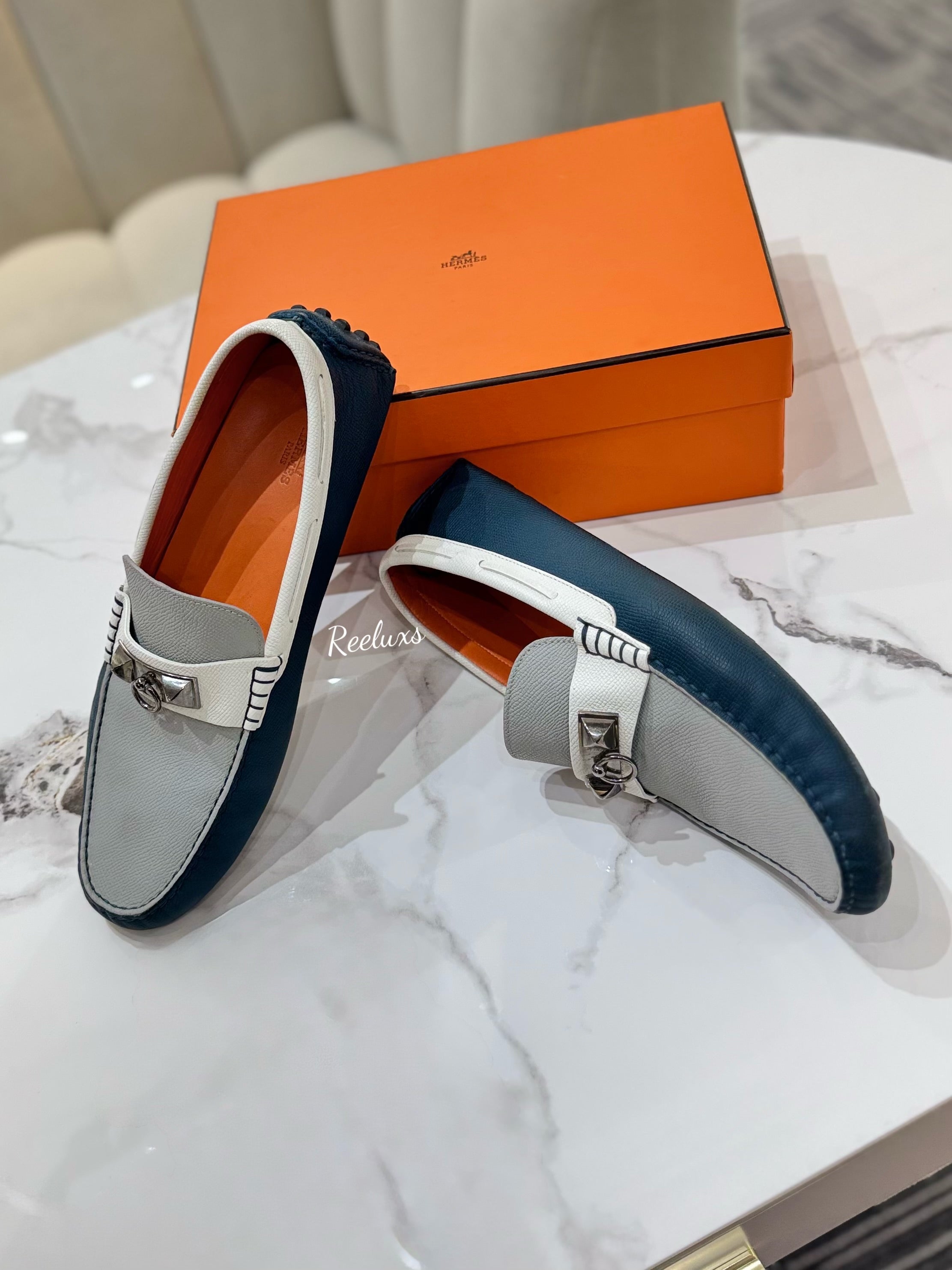 HERMES Epsom Mens Irving Driving Moccasin Loafers Bleu Glacier Blanc Colvert Size 43