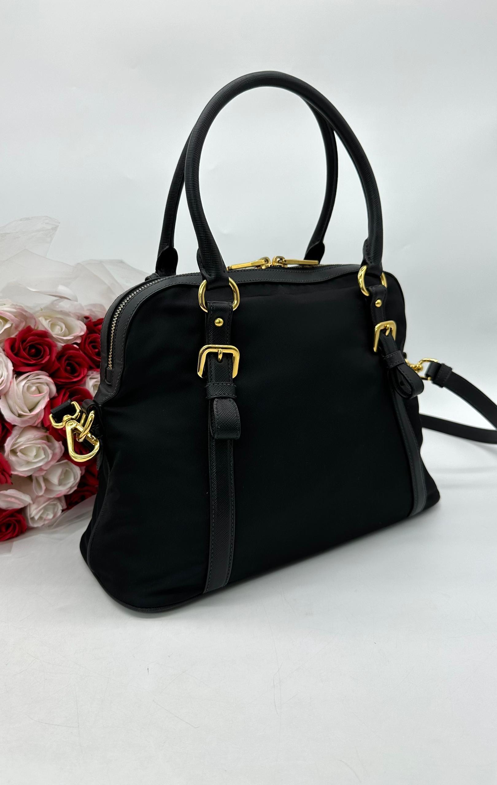 PRADA Womens Black Nylon & Leather Handbag - Reeluxs