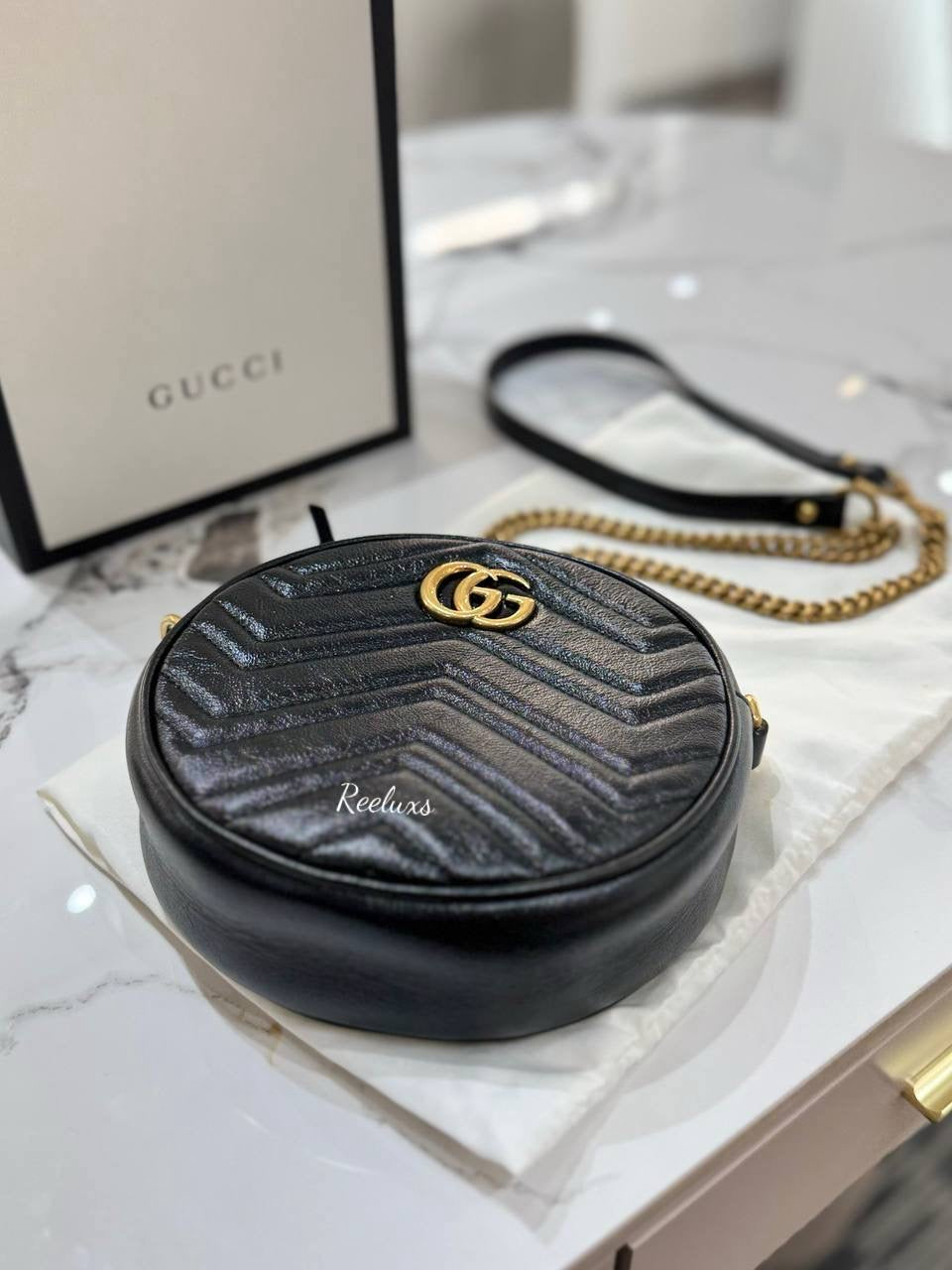 FULLSET GUCCI GG Marmont Round Crossbody Bag Mini Black