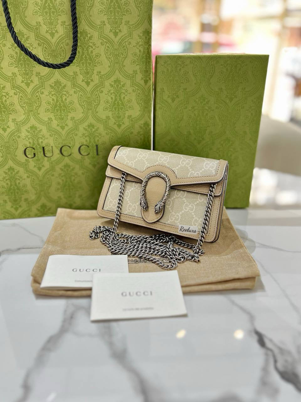 GUCCI Beige & White Dionysus Super Mini Crossbody Wallet On Chain