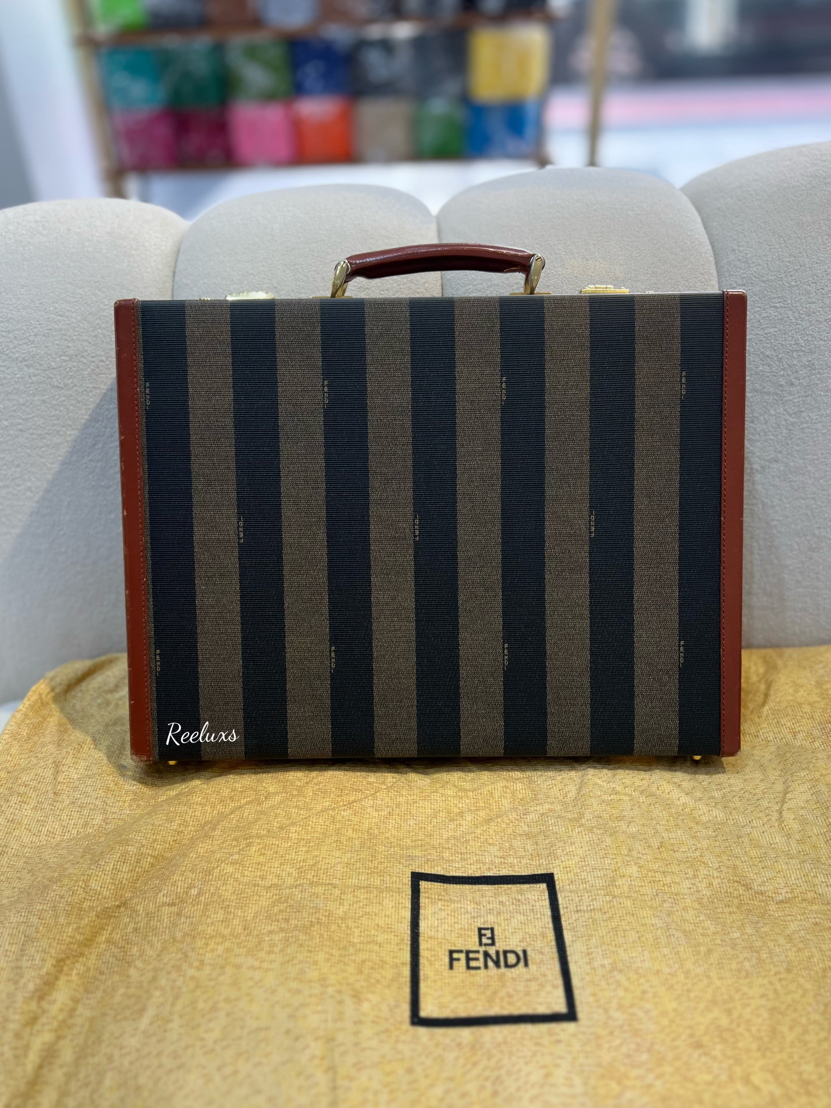 FENDI Vintage Leather & Striped Fabric Briefcase Brown Bag
