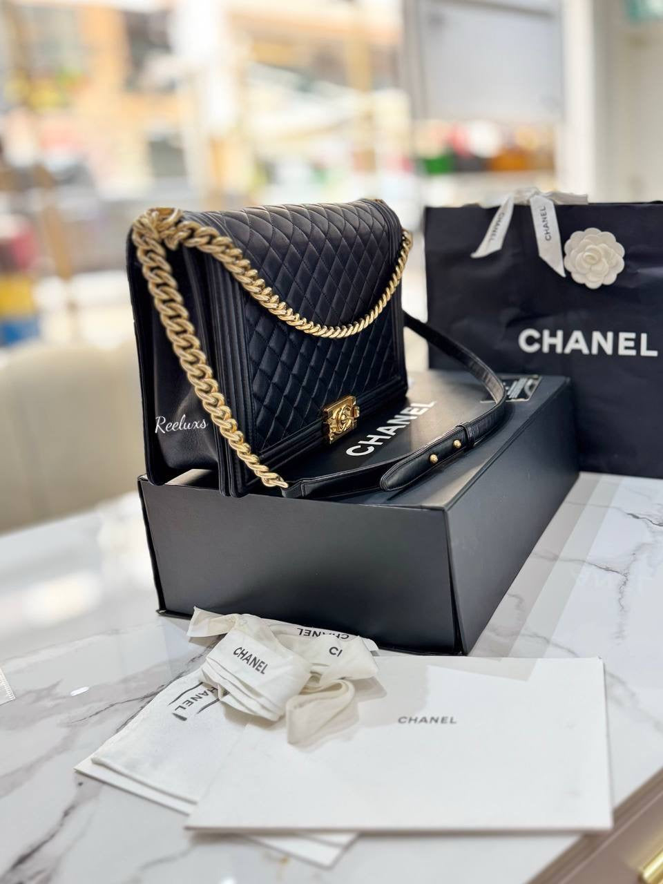CHANEL Black Quilted Lamskin Large Leboy Flap Shoulder Bag