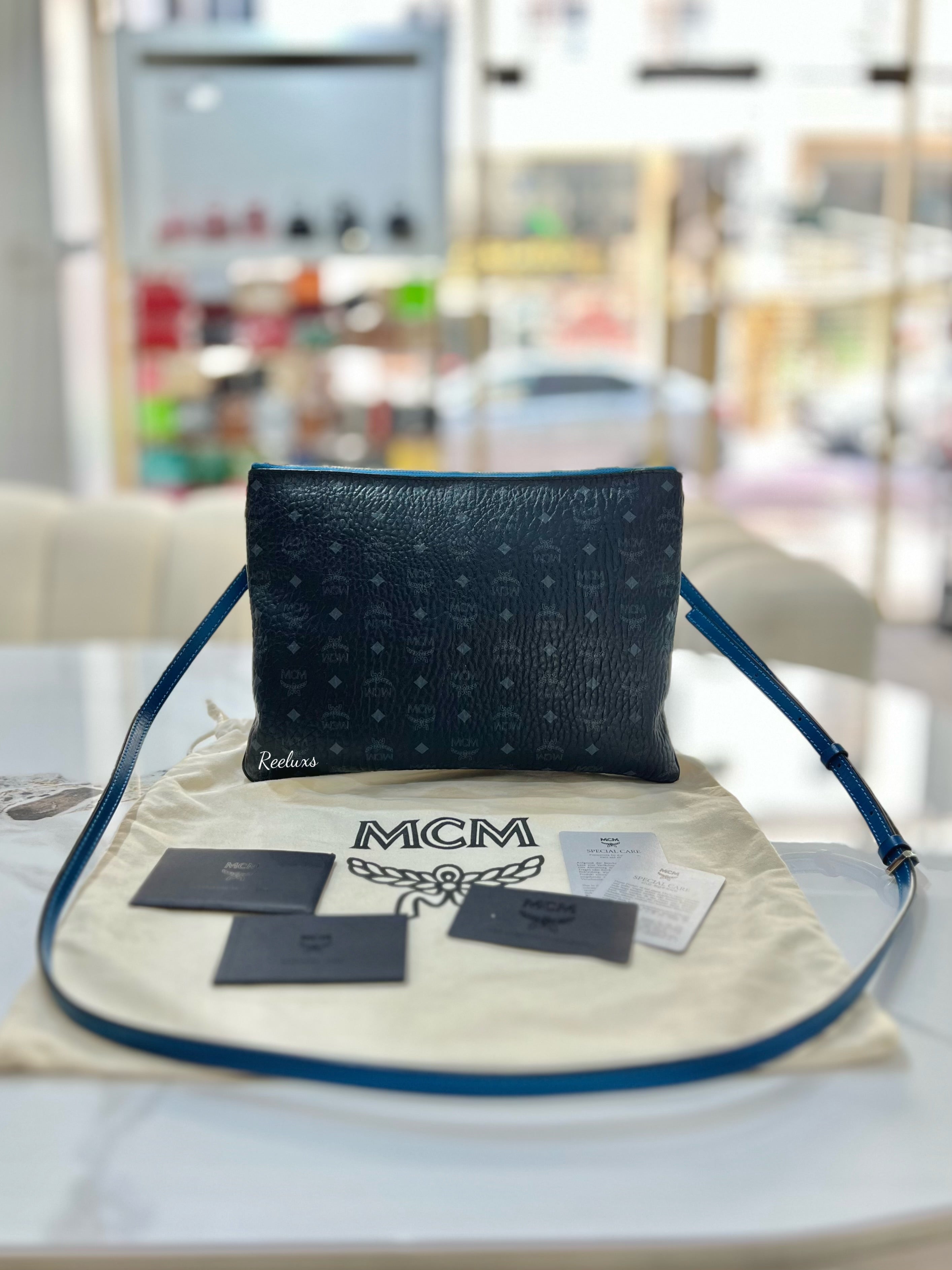 MCM Visetos Crossbody Pouch Black Blue Bag