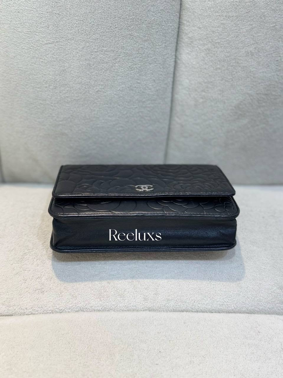 CHANEL Black Camellia Embossed Lambskin Leather Wallet On Chain - WOC