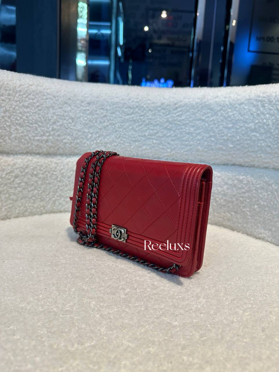 CHANEL Red Lambskin  Boy Wallet On Chain