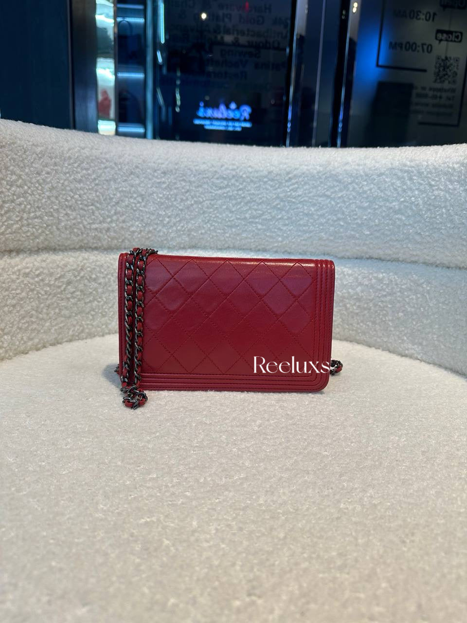 CHANEL Red Lambskin  Boy Wallet On Chain