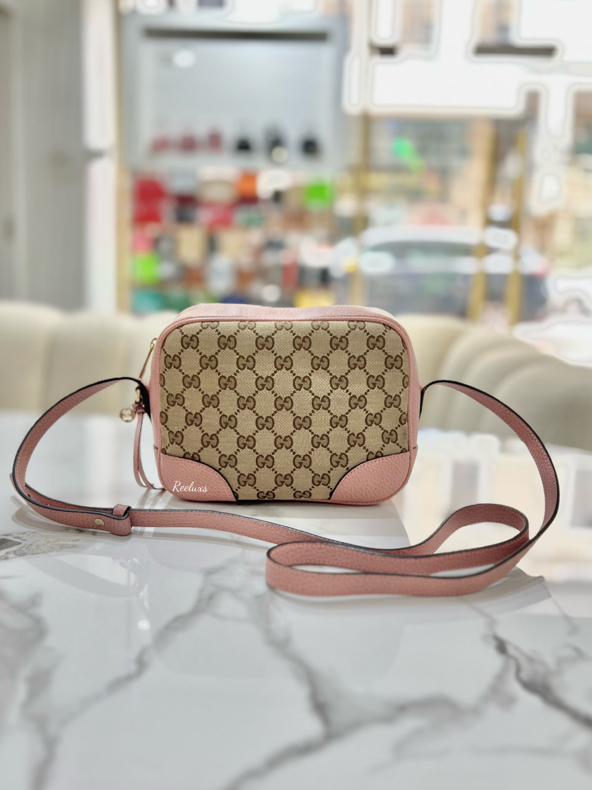 GUCCI Monogram Mini Bree Messenger Bag Beige Soft Pink For Lady