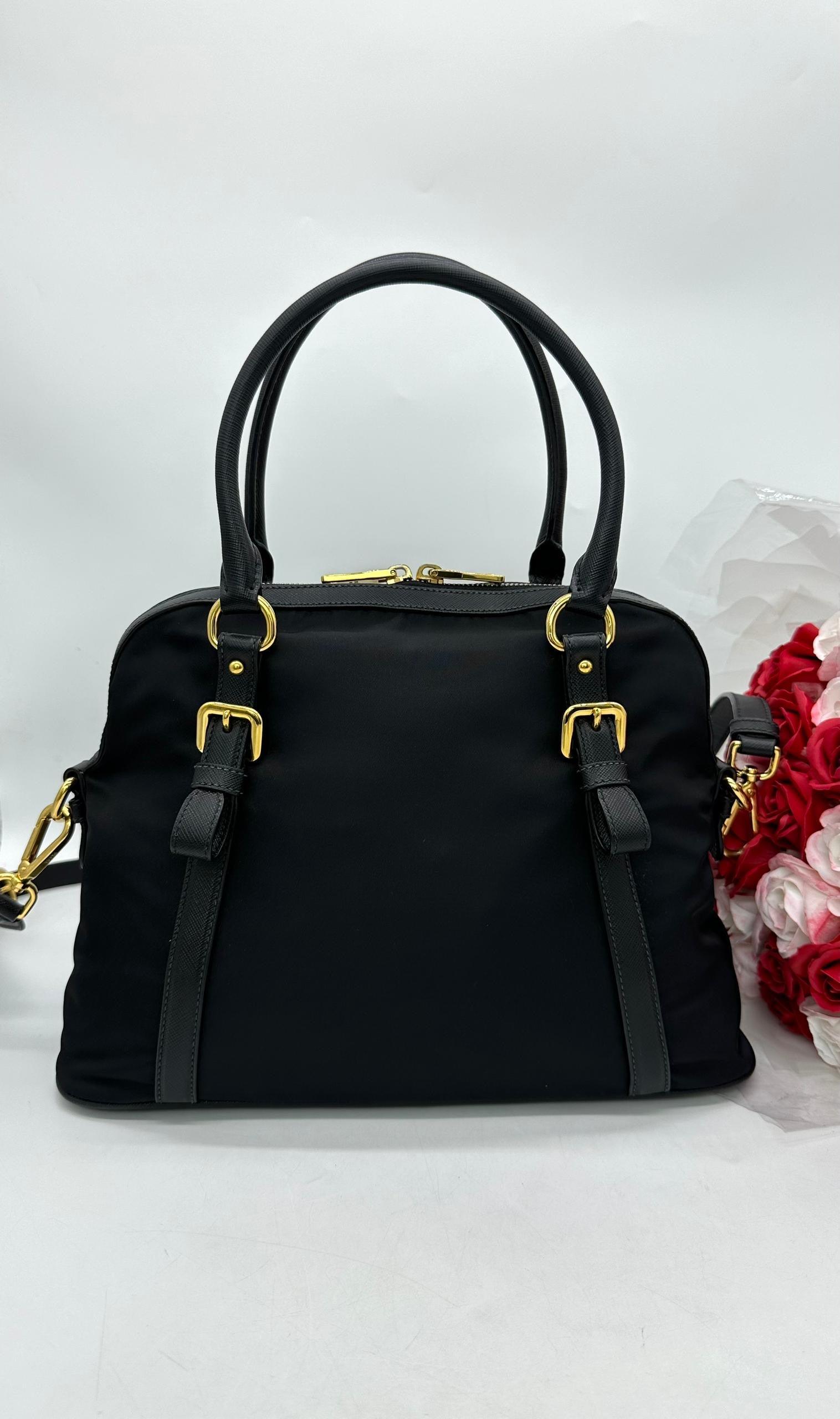 PRADA Womens Black Nylon & Leather Handbag - Reeluxs