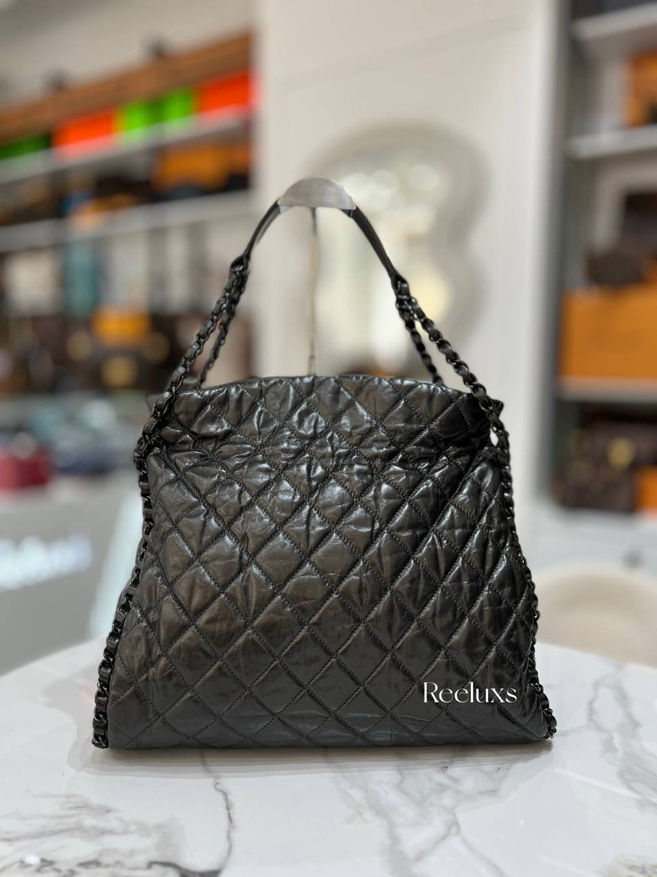 CHANEL Gunmetal Leather Chain Me Quilted Bag