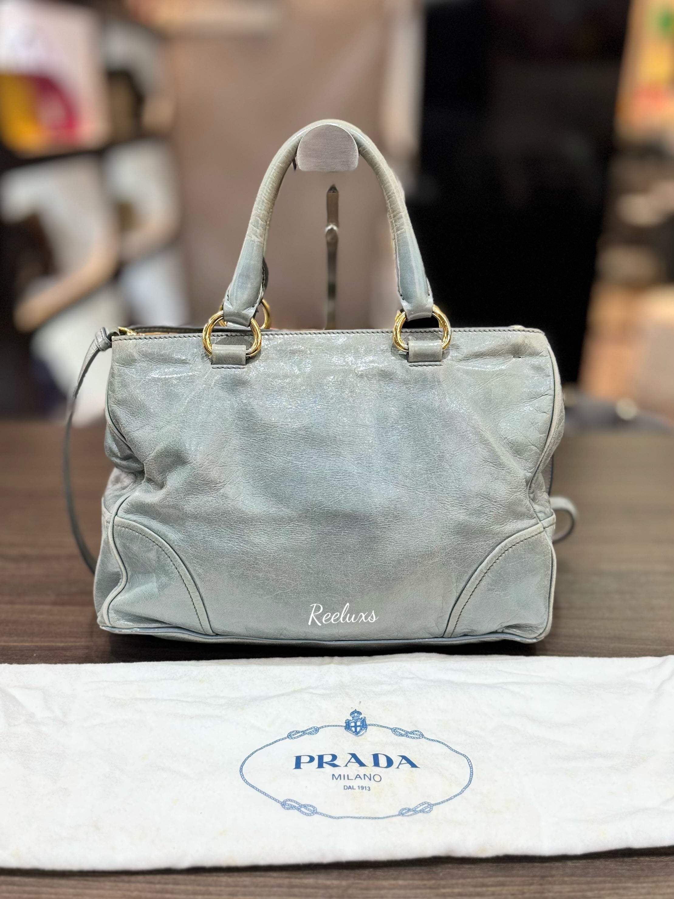 PRADA Vitello Shine Leather Two-Way Tote Handbag