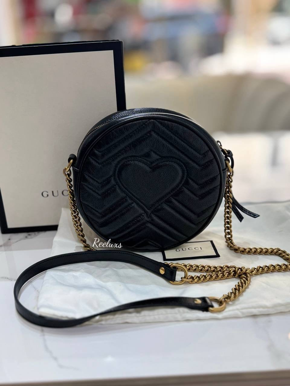 FULLSET GUCCI GG Marmont Round Crossbody Bag Mini Black