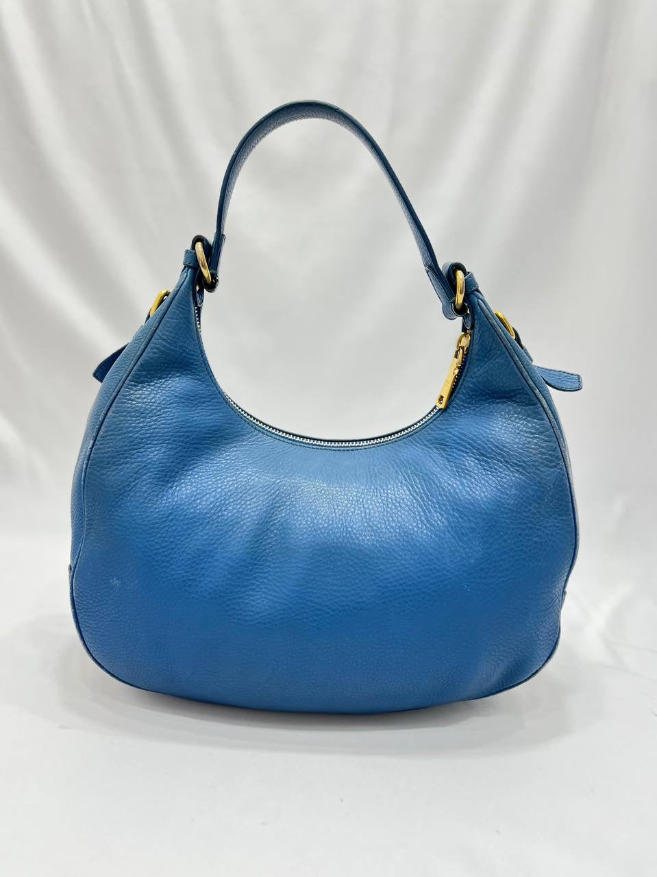 PRADA Blue Pebbled Leather Hobo Women Shoulder Bag