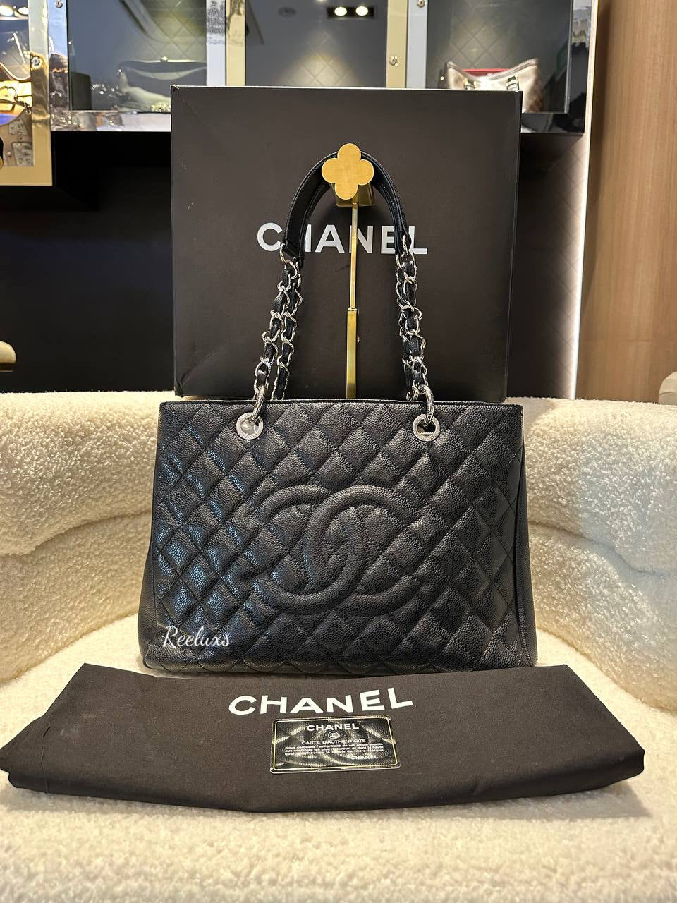 FULL SET CHANEL Black Caviar Leather GST Hand Bag / Tote Bag