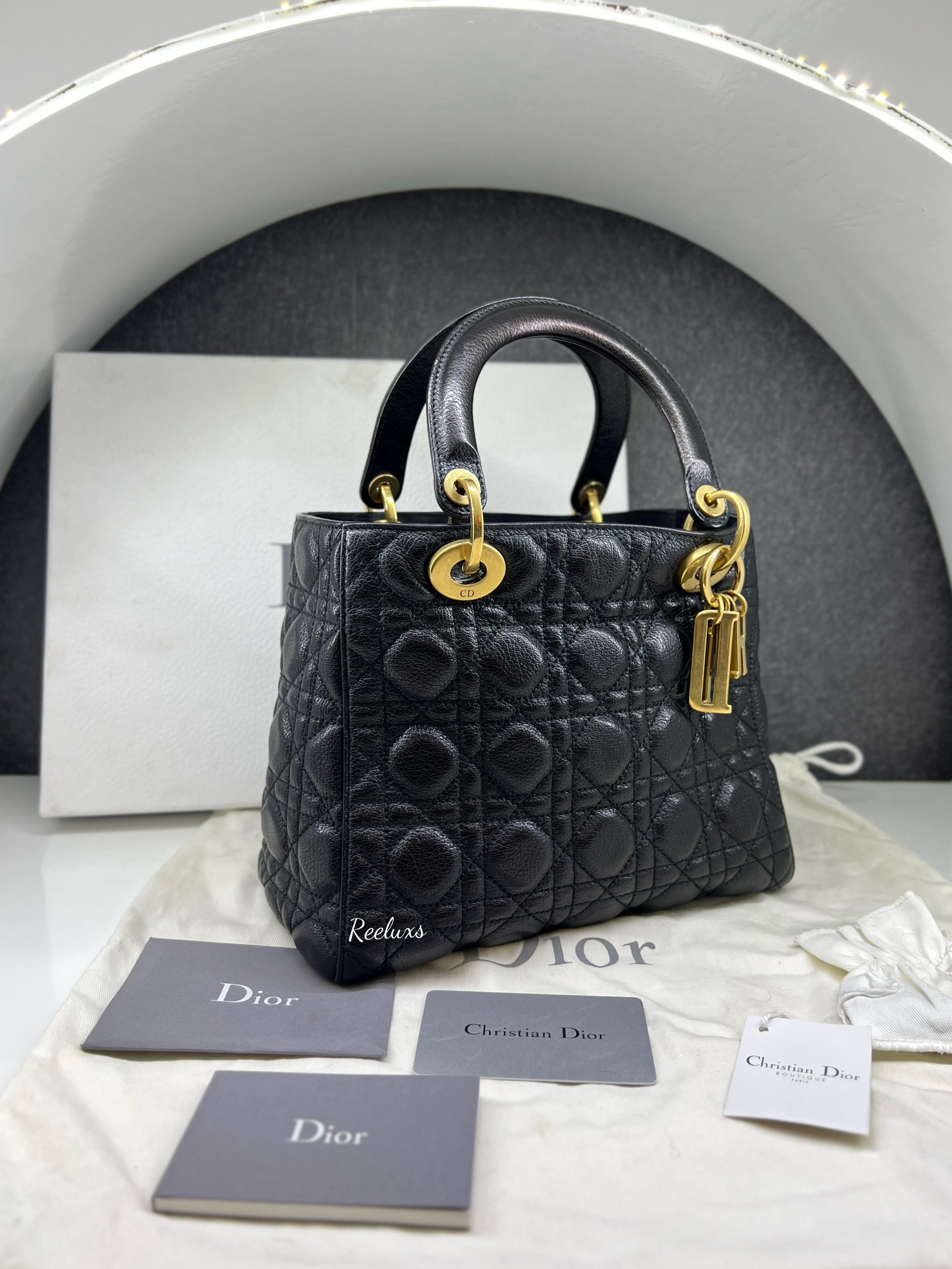 FULLSET CHRISTIAN DIOR Black Glazed Calfskin Small Lady D GHW Handbag