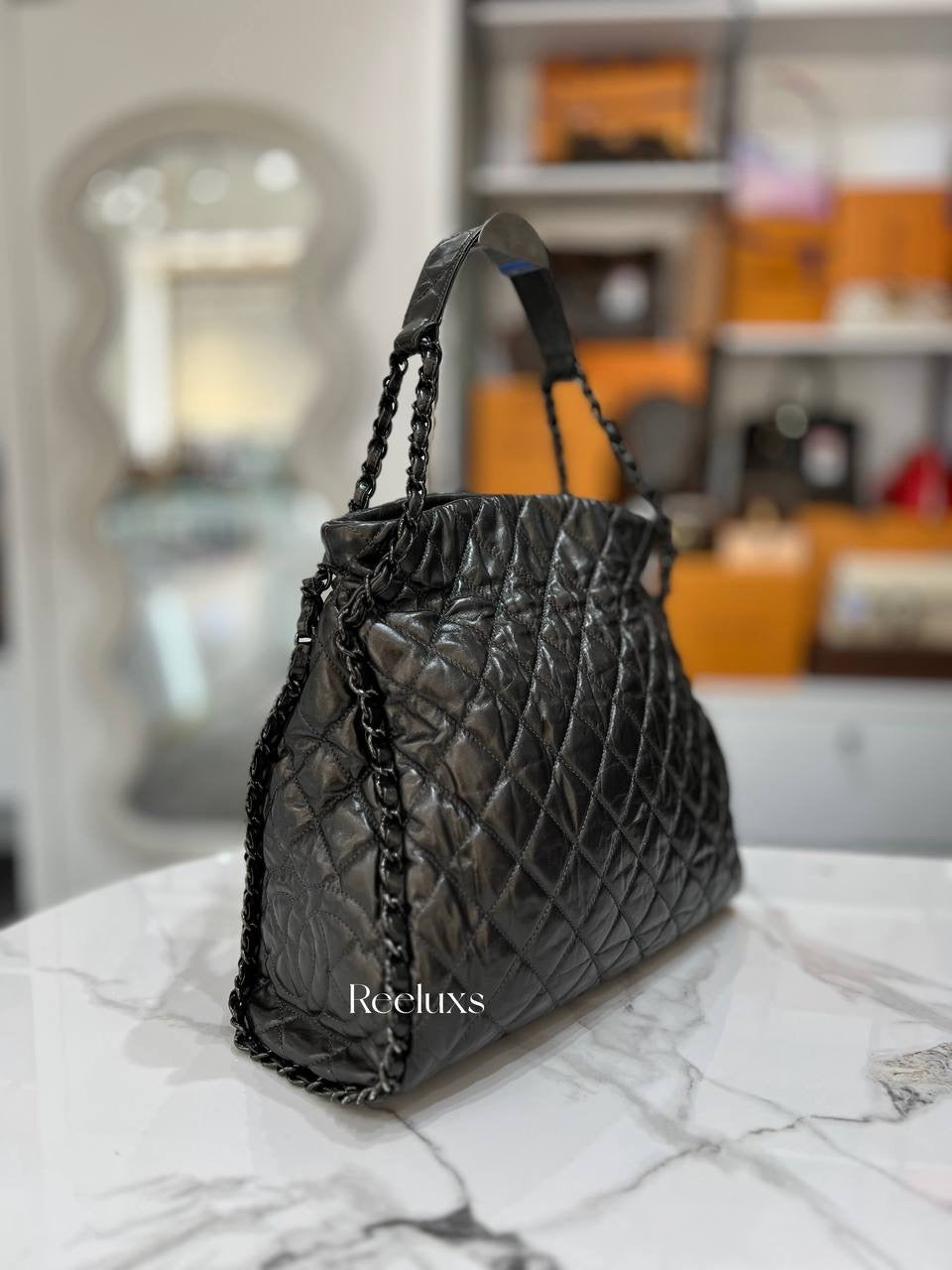 CHANEL Gunmetal Leather Chain Me Quilted Bag