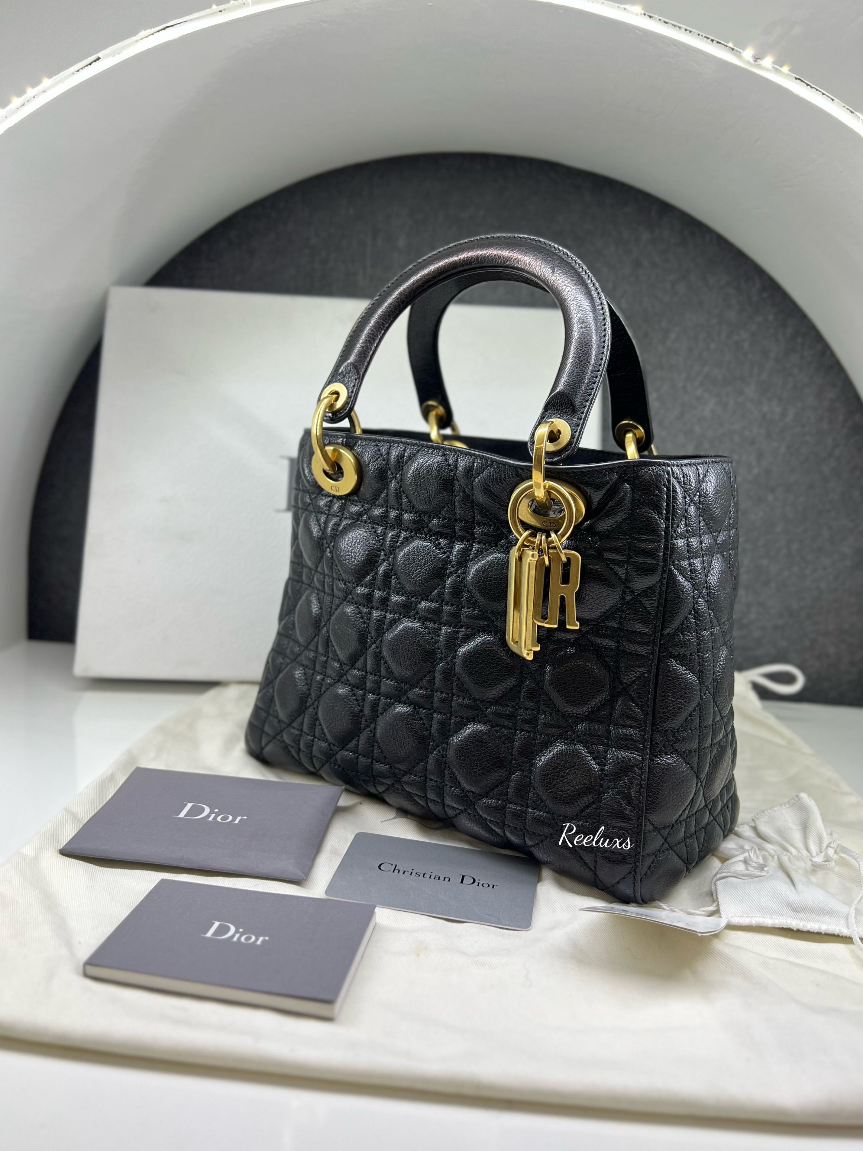 FULLSET CHRISTIAN DIOR Black Glazed Calfskin Small Lady D GHW Handbag