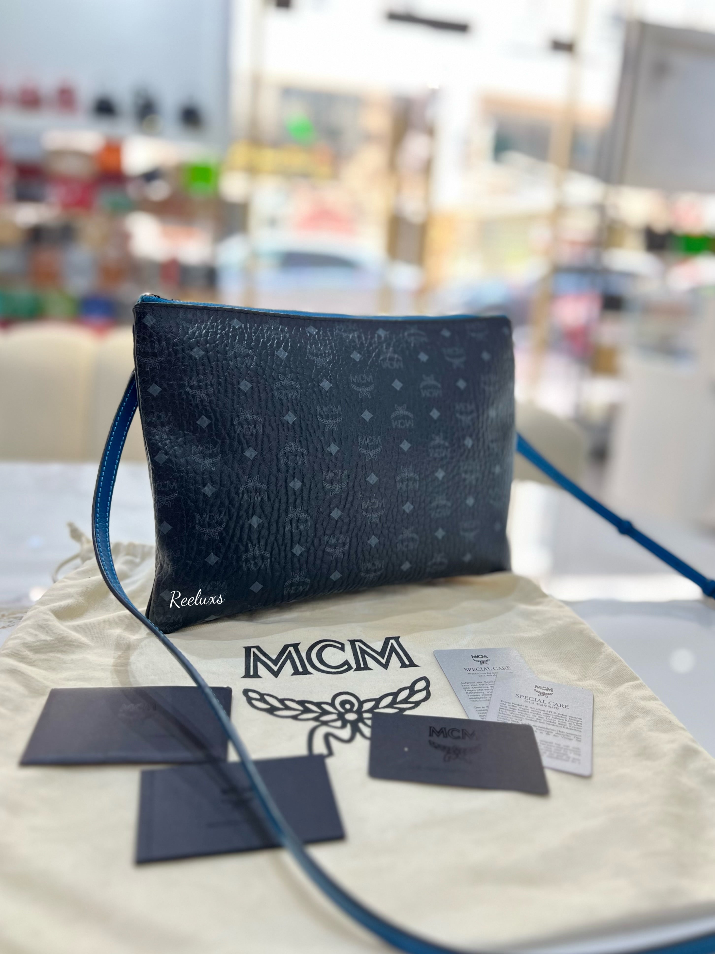 MCM Visetos Crossbody Pouch Black Blue Bag