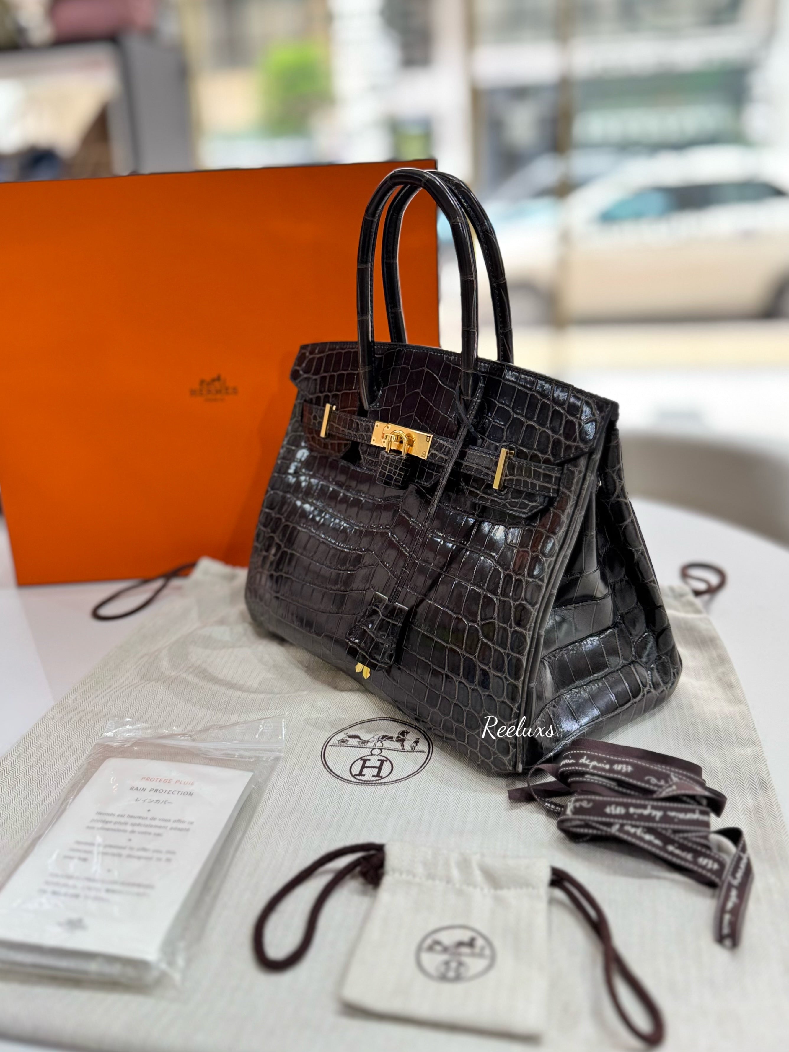 FULLSET HERMES Birkin 30 Crocodile Shiny Porosus Gold Hardware Handbag ( GHW