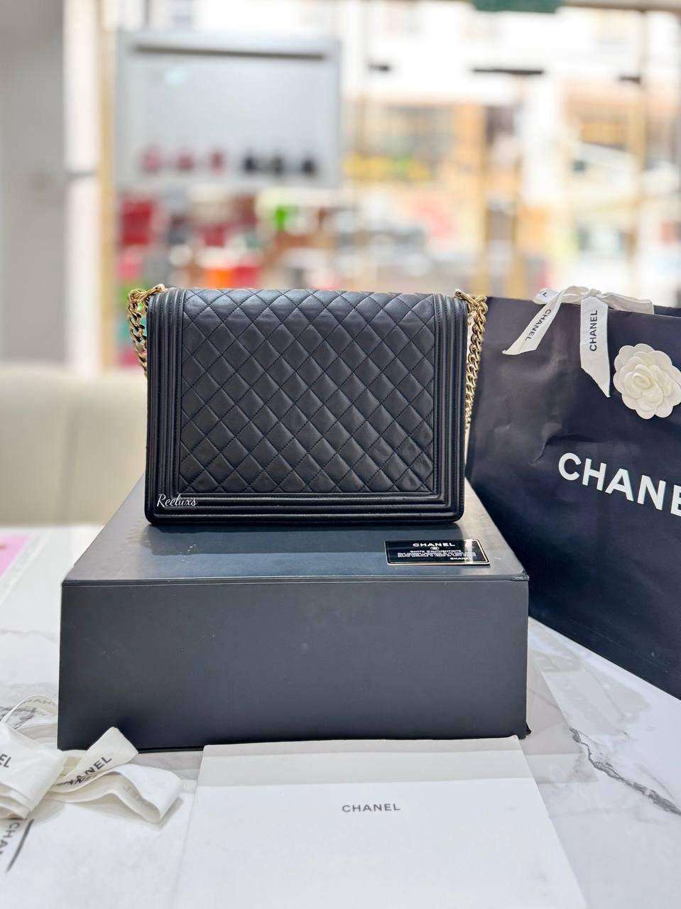 CHANEL Black Quilted Lamskin Large Leboy Flap Shoulder Bag