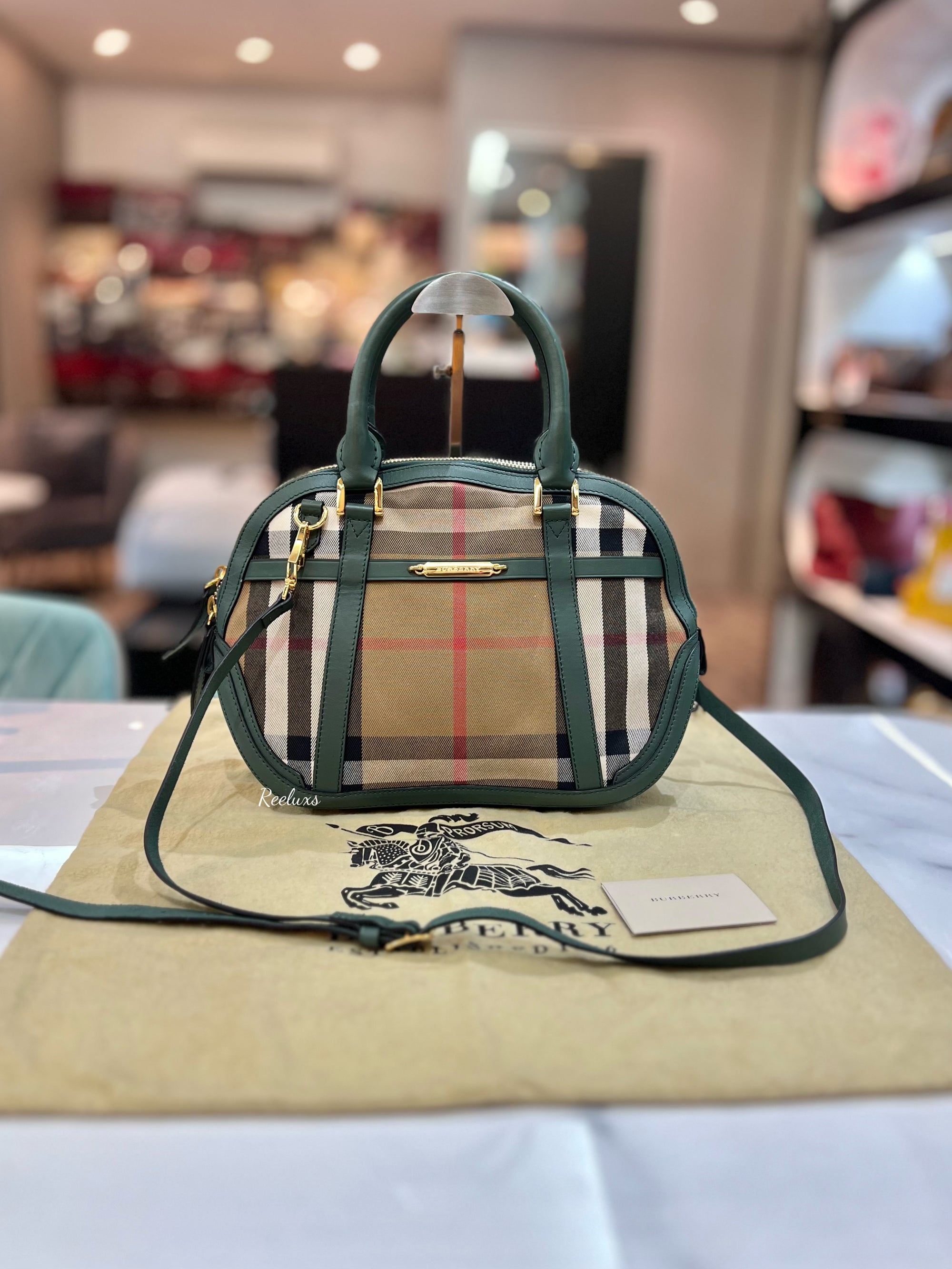 BURBERRY Green/Beige House Check Fabric and Leather Orchard Bowler Bag