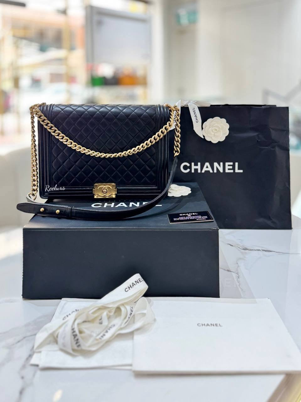 CHANEL Black Quilted Lamskin Large Leboy Flap Shoulder Bag