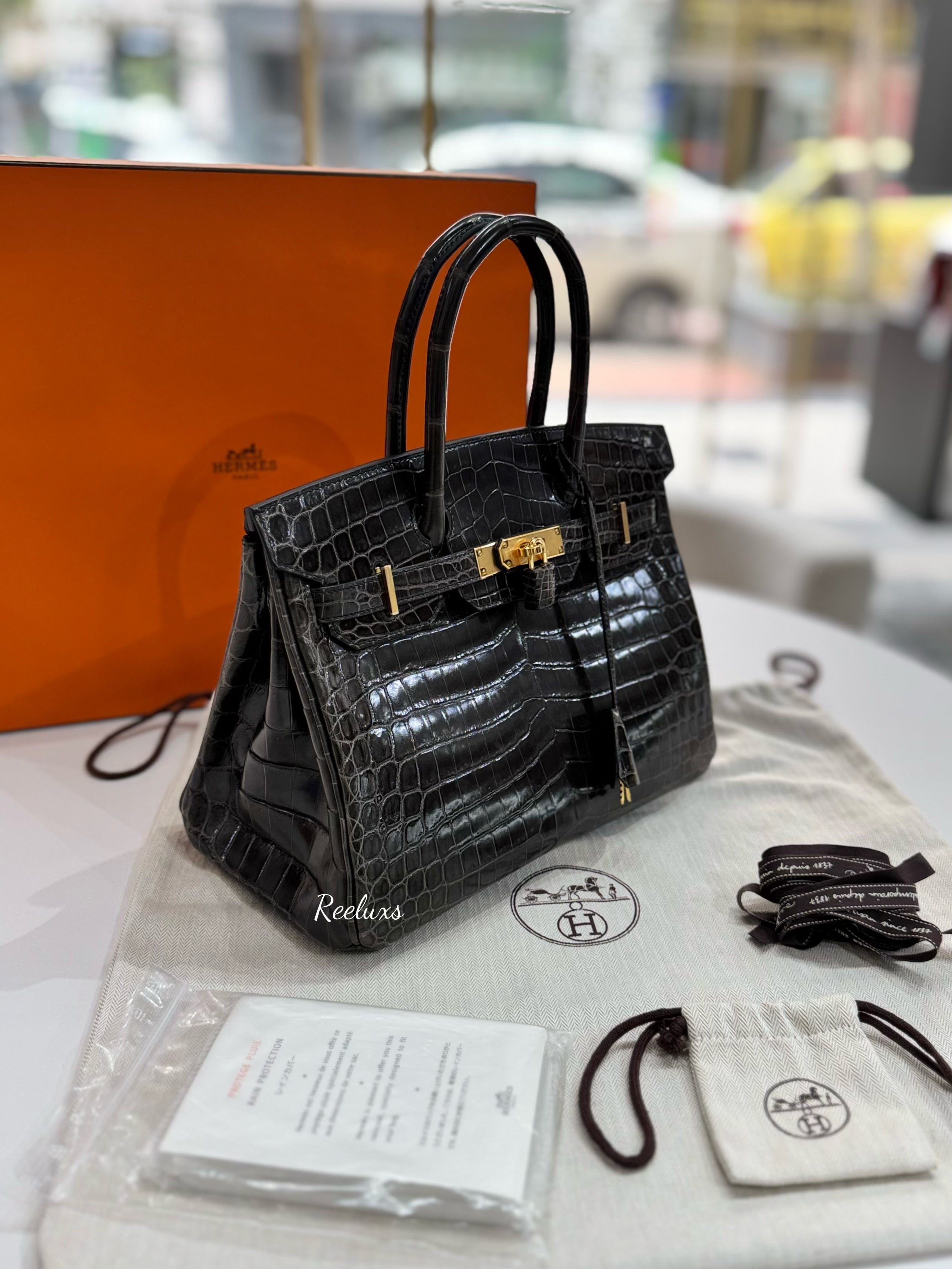 FULLSET HERMES Birkin 30 Crocodile Shiny Porosus Gold Hardware Handbag ( GHW