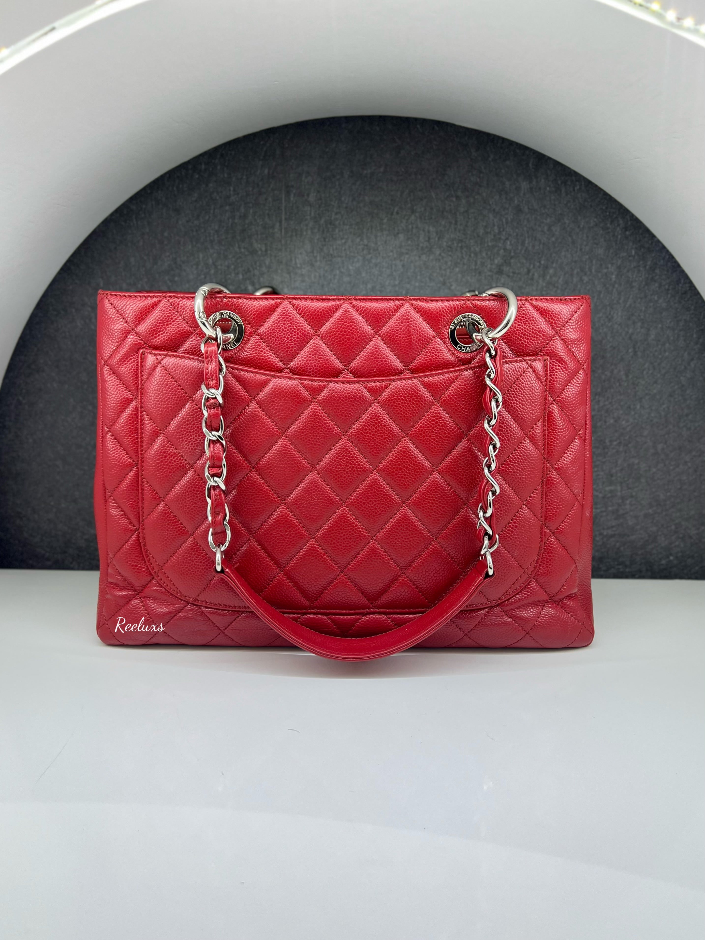 CHANEL Caviar Quilted Grand Shopping Tote GST Red