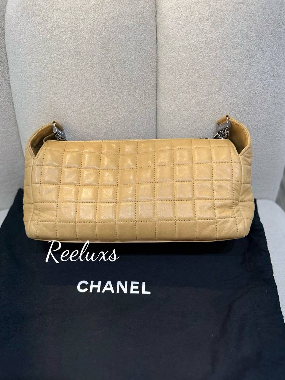 CHANEL Beige  Chocolate Bar Leather Multiple Chain Baguette Bag