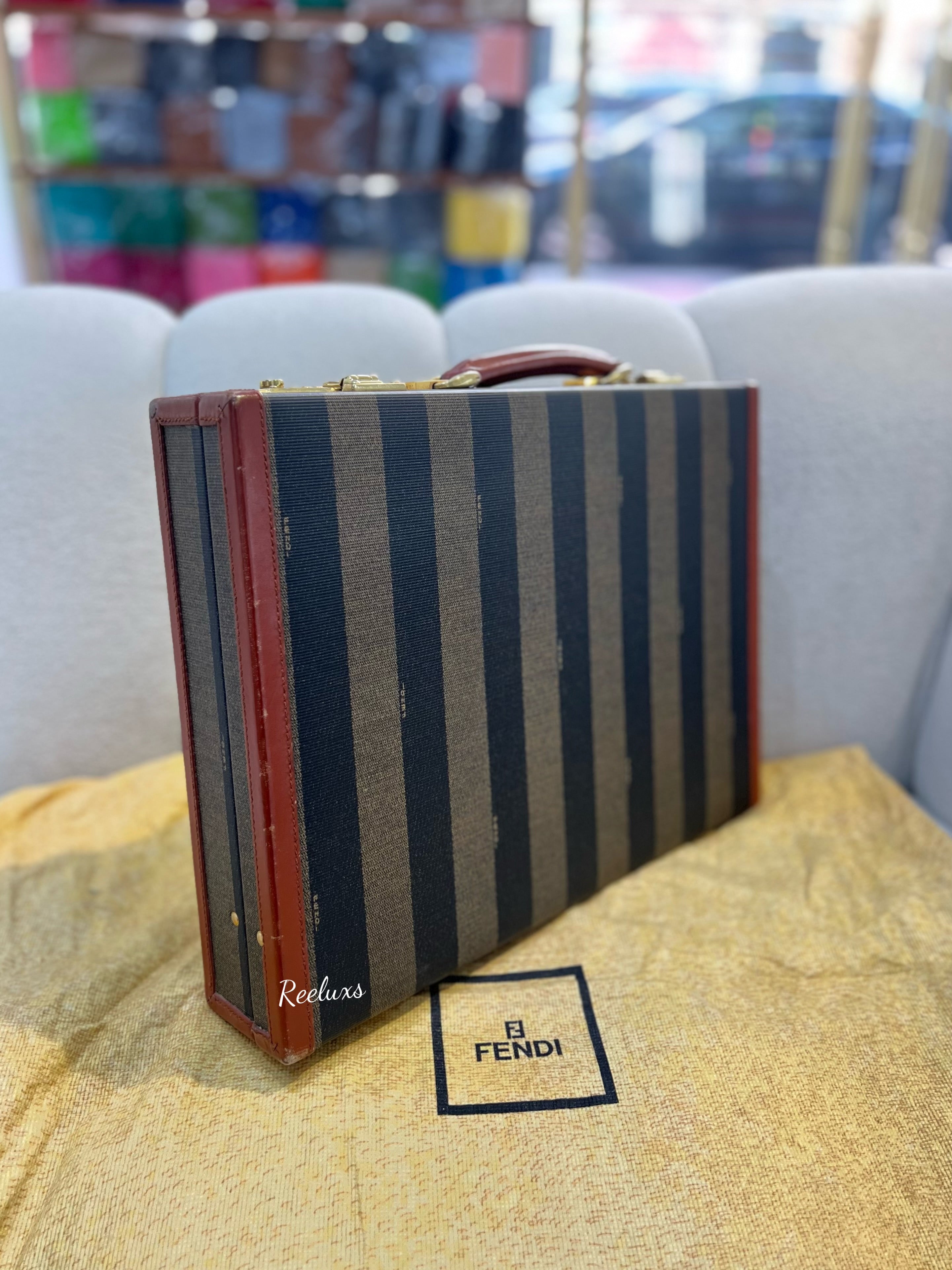 FENDI Vintage Leather & Striped Fabric Briefcase Brown Bag