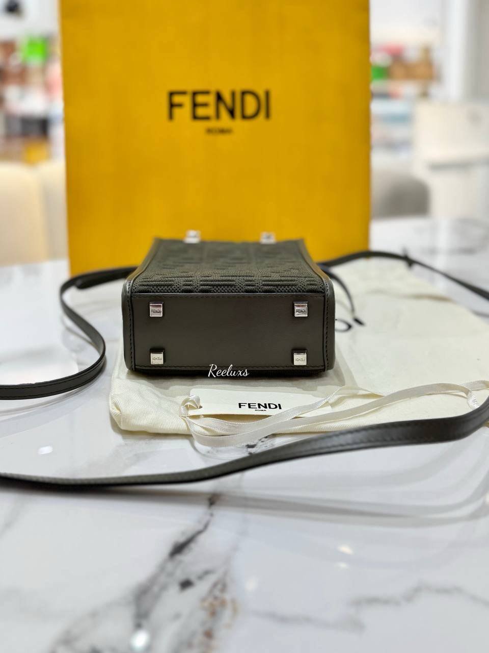 FENDI Mini Tote Sunshine Canvas Khaki Shoulder Bag