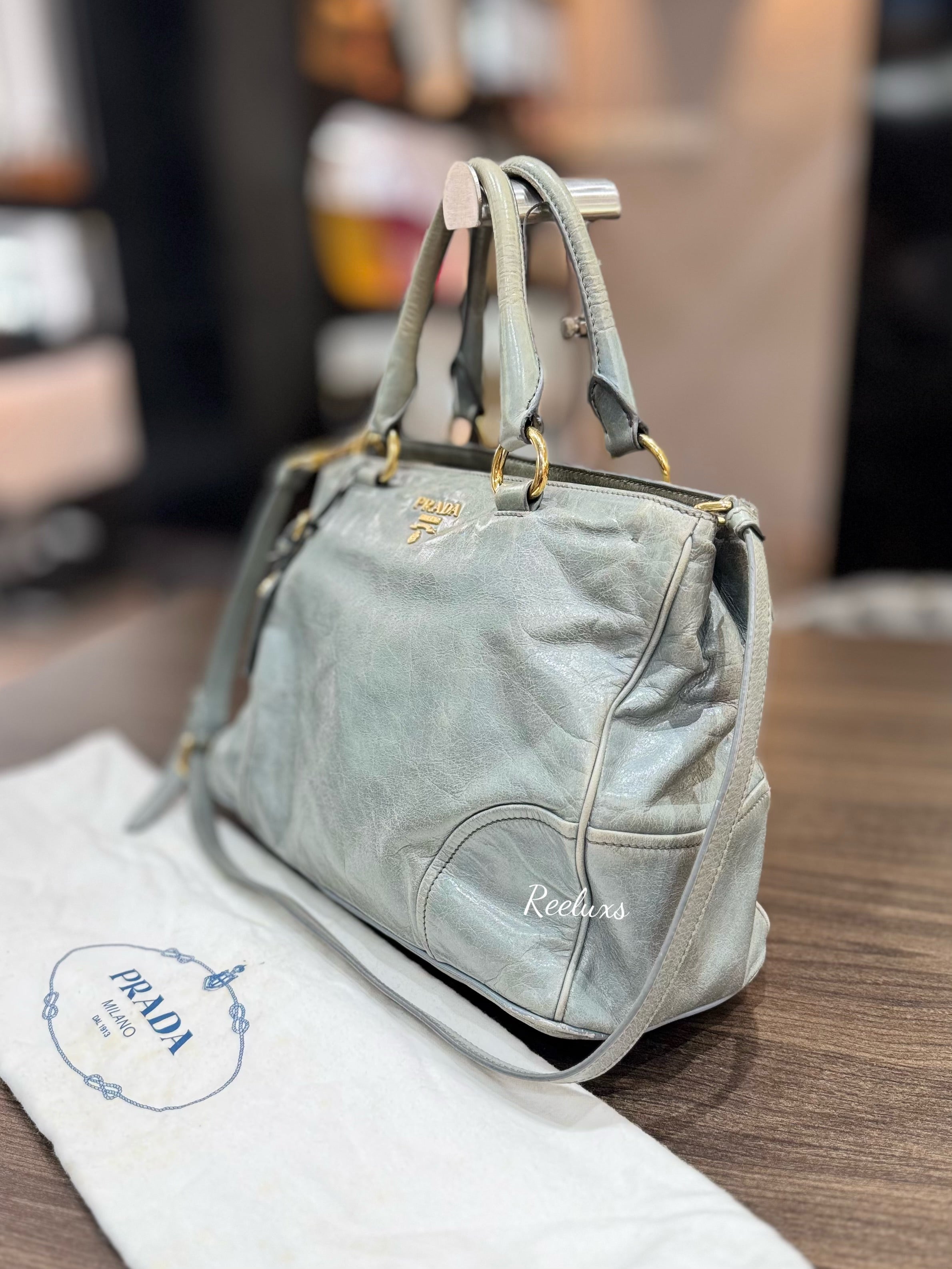 PRADA Vitello Shine Leather Two-Way Tote Handbag