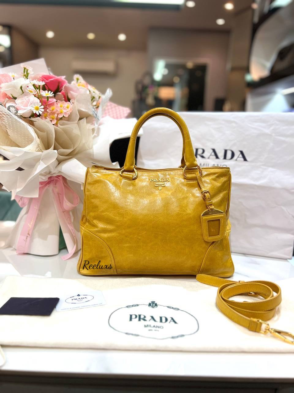 PRADA Yellow Vitello Shine Tote Hand Bag / Shoulder Bag ( 2- Way )
