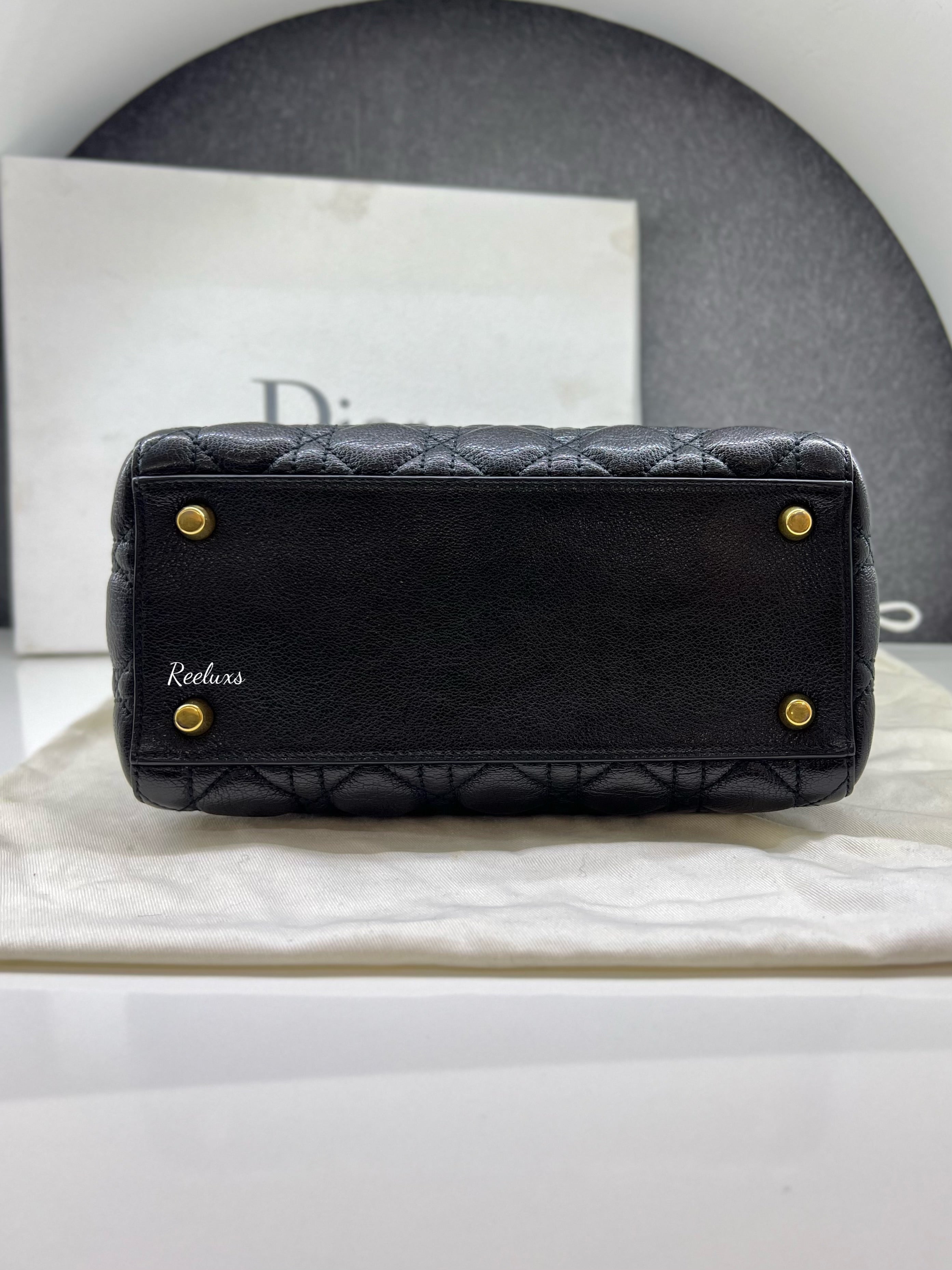 FULLSET CHRISTIAN DIOR Black Glazed Calfskin Small Lady D GHW Handbag