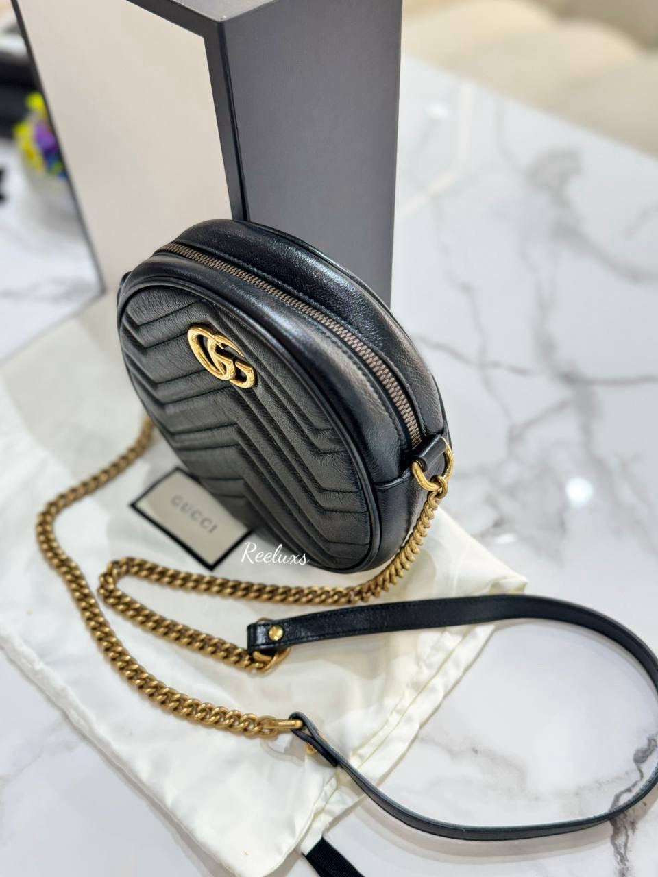 FULLSET GUCCI GG Marmont Round Crossbody Bag Mini Black