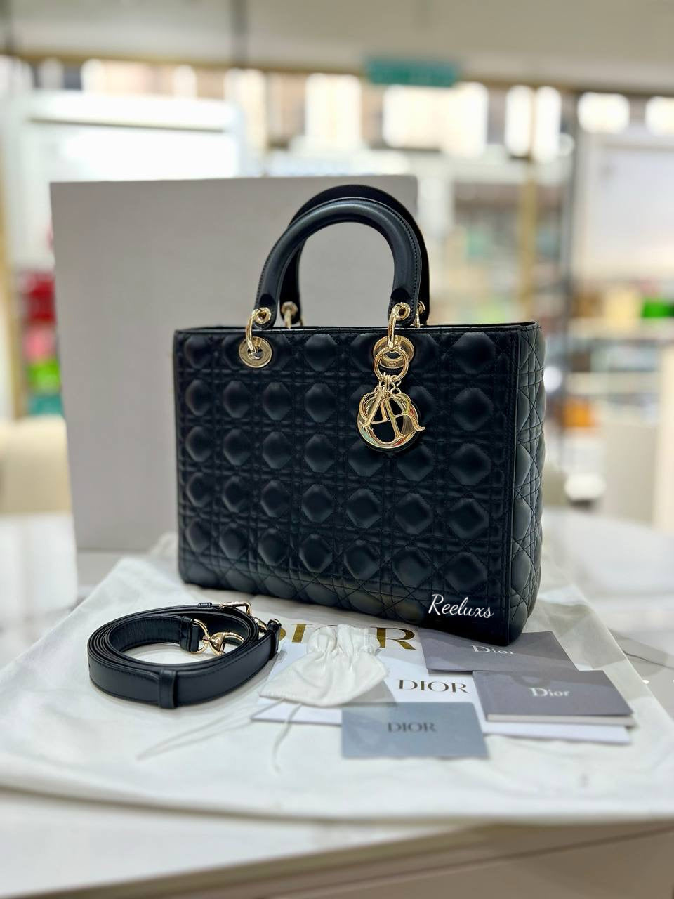 FULL SET CHRISTIAN DIOR Black Lambskin Lady Dior Cannage 2 Way Hand Bag / Shoulder Bag