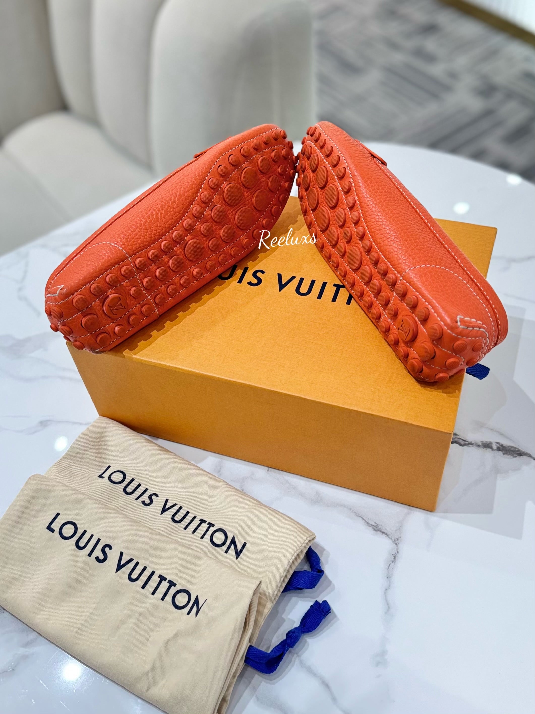 FULL SET LOUIS VUITTON LV Orange Leather Lock Detail Slip On Loafer - Shoes Size 37
