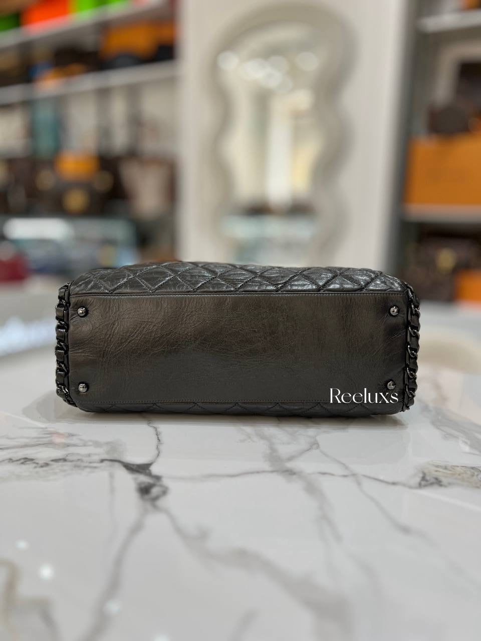 CHANEL Gunmetal Leather Chain Me Quilted Bag