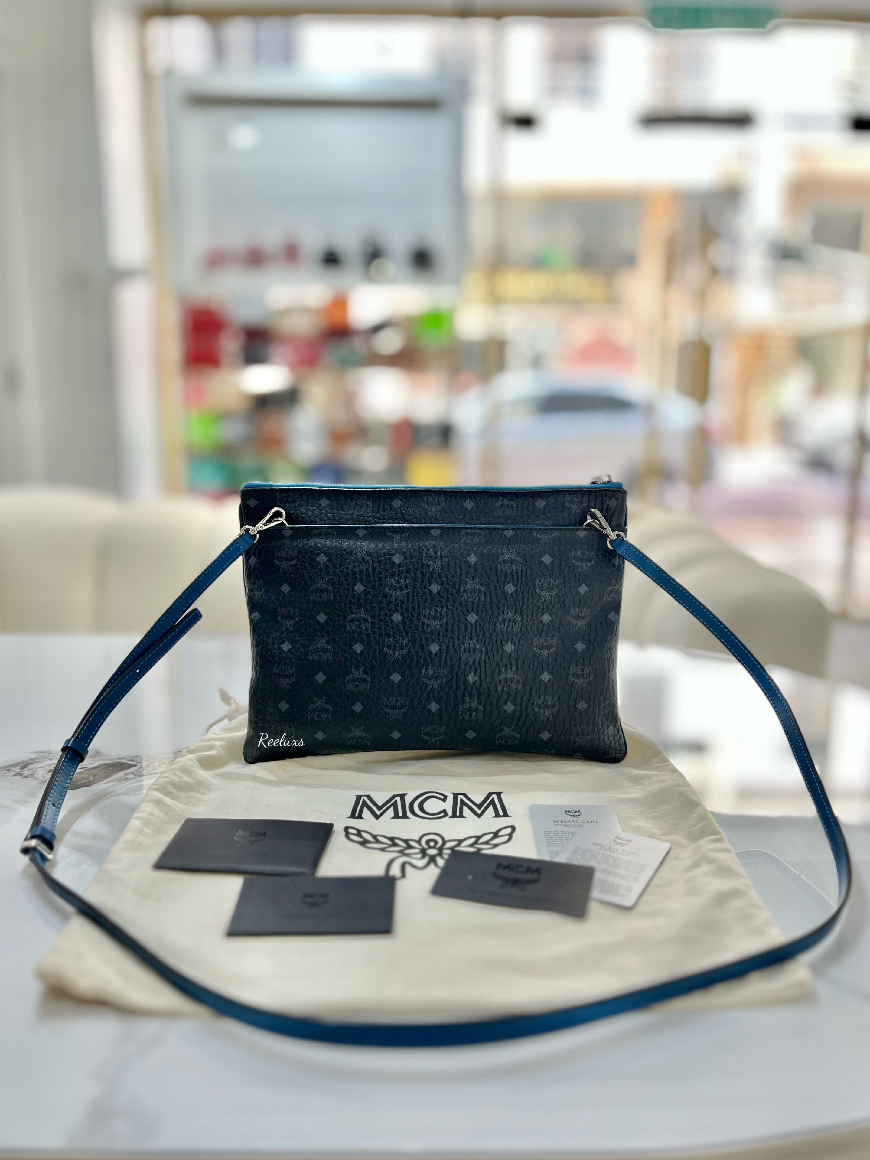 MCM Visetos Crossbody Pouch Black Blue Bag