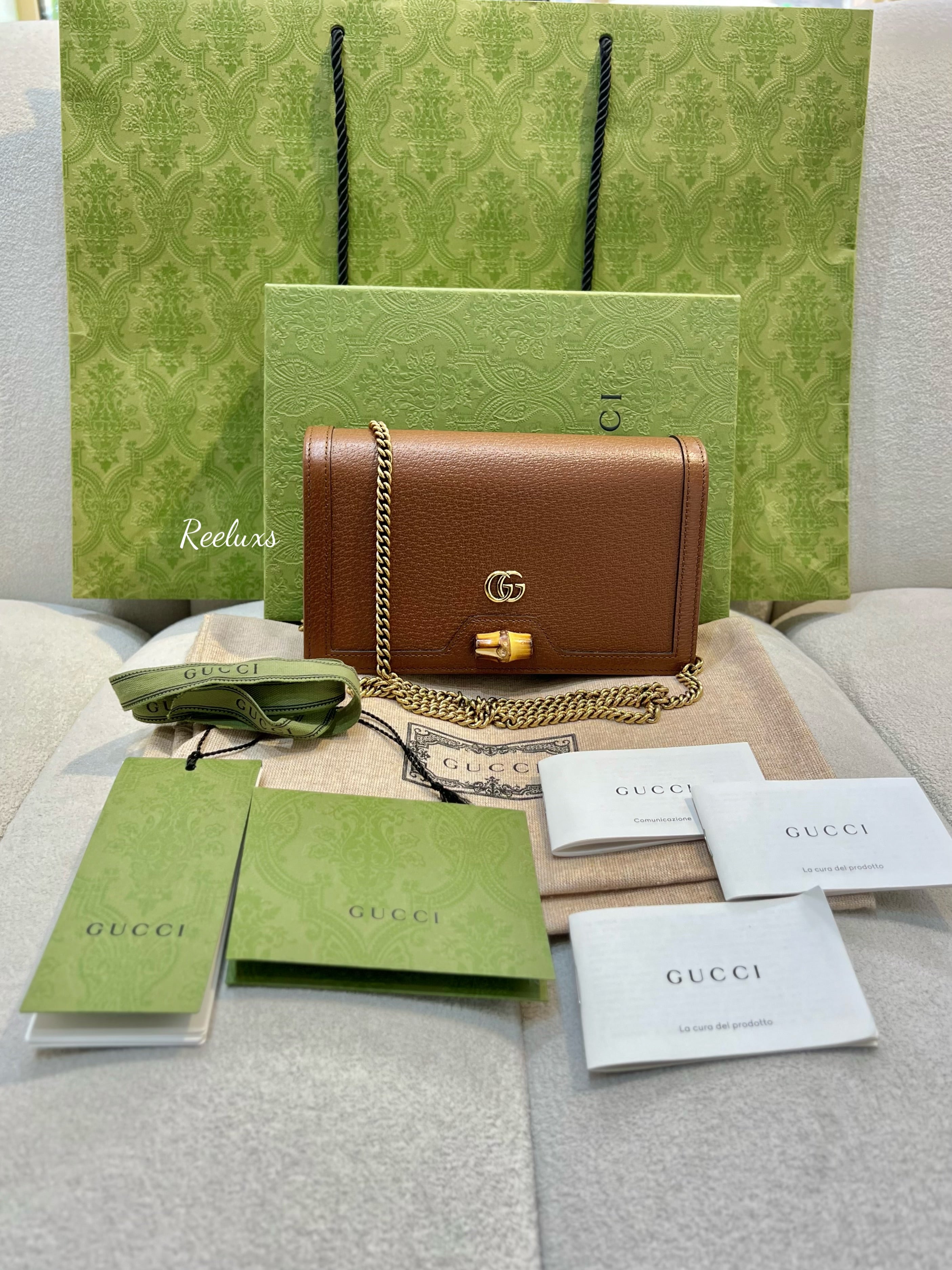 FULL SET GUCCI Brown Bamboo Diana Wallet On Chain