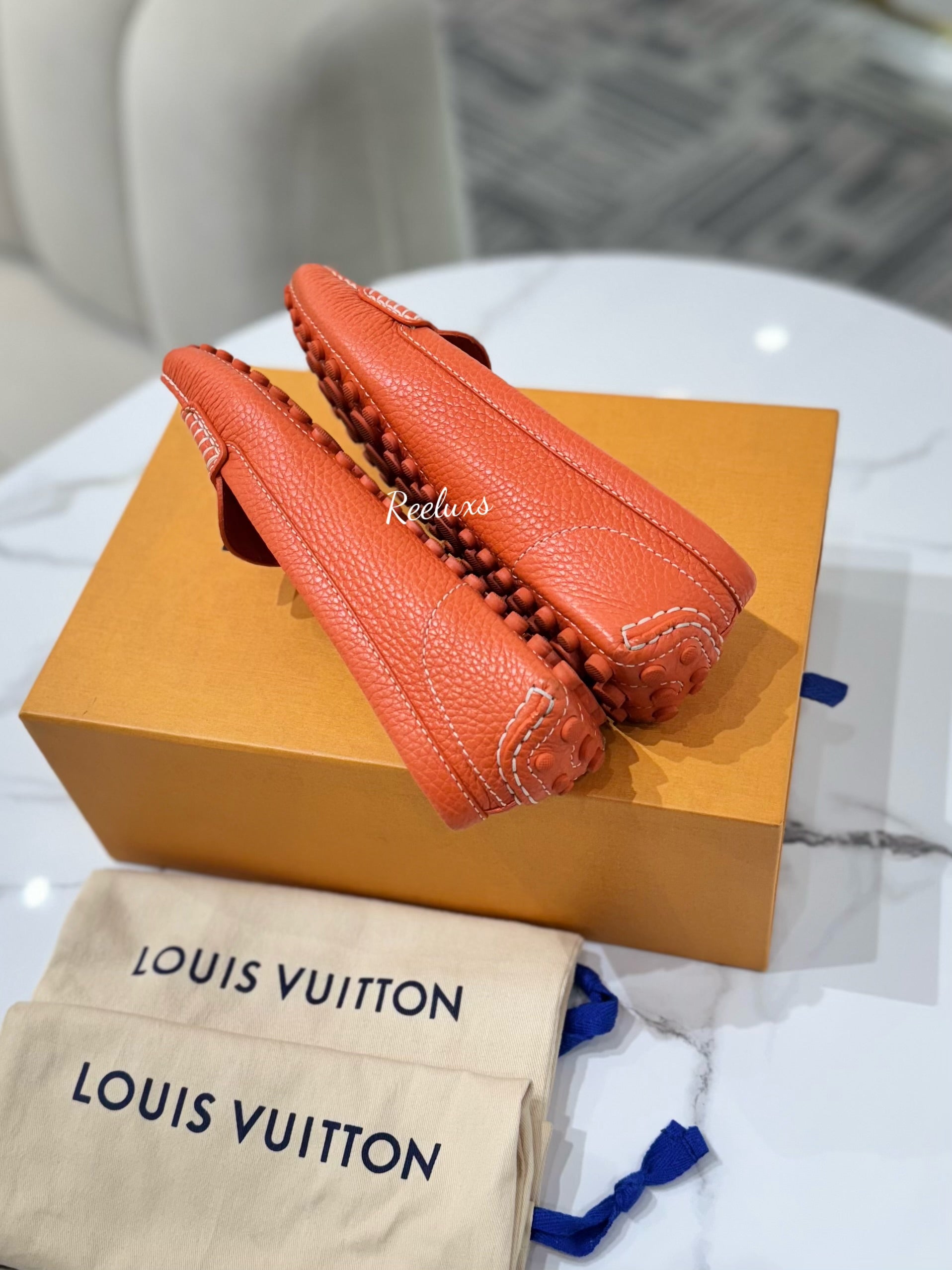 FULL SET LOUIS VUITTON LV Orange Leather Lock Detail Slip On Loafer - Shoes Size 37