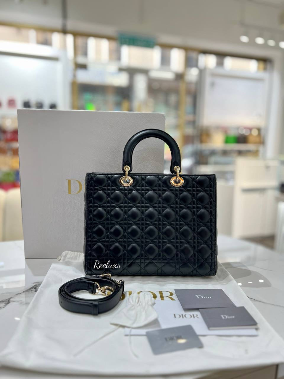 FULL SET CHRISTIAN DIOR Black Lambskin Lady Dior Cannage 2 Way Hand Bag / Shoulder Bag