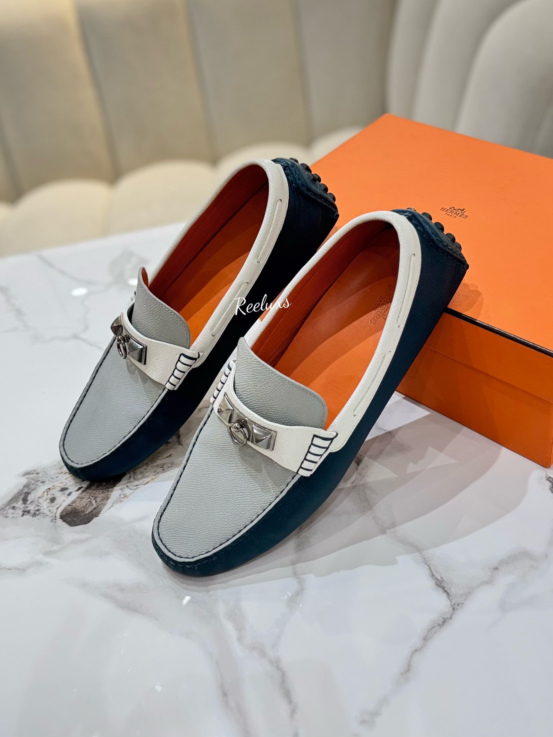 HERMES Epsom Mens Irving Driving Moccasin Loafers Bleu Glacier Blanc Colvert Size 43