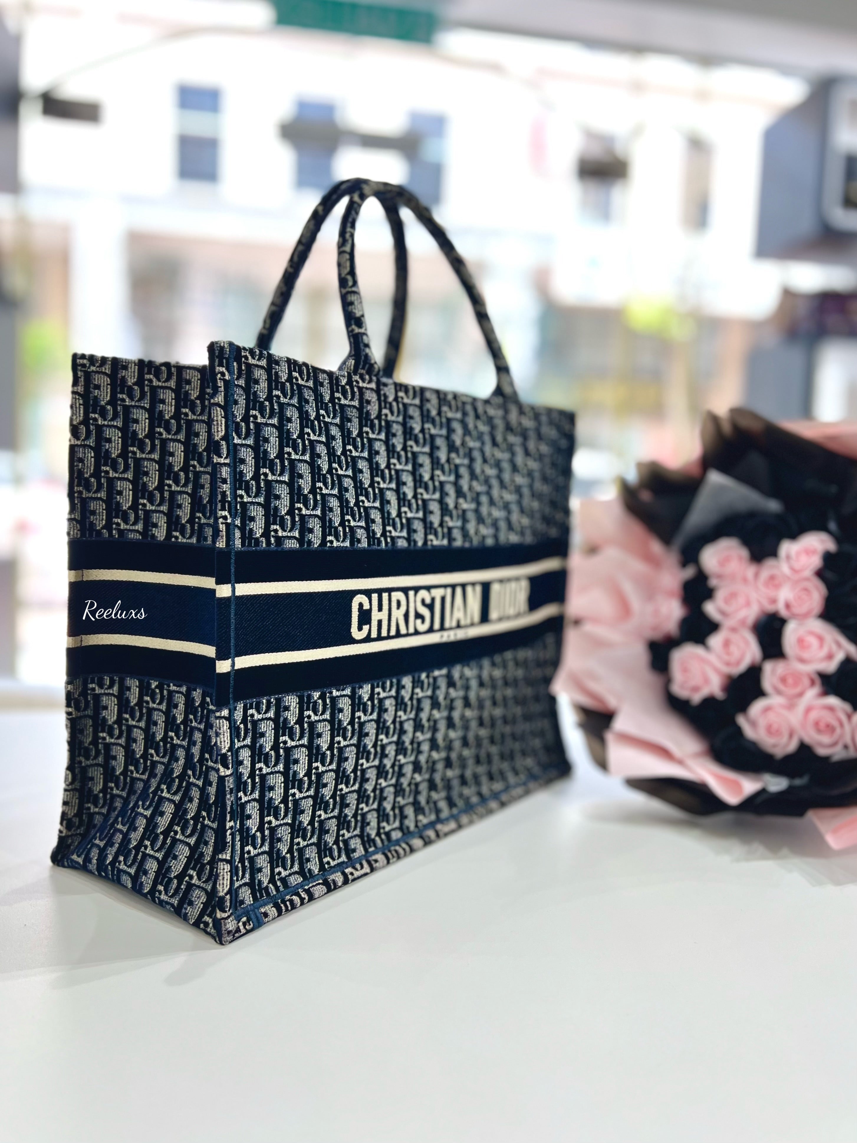 CHRISTIAN DIOR Large Dior Book Tote Blue Oblique Embroidery
