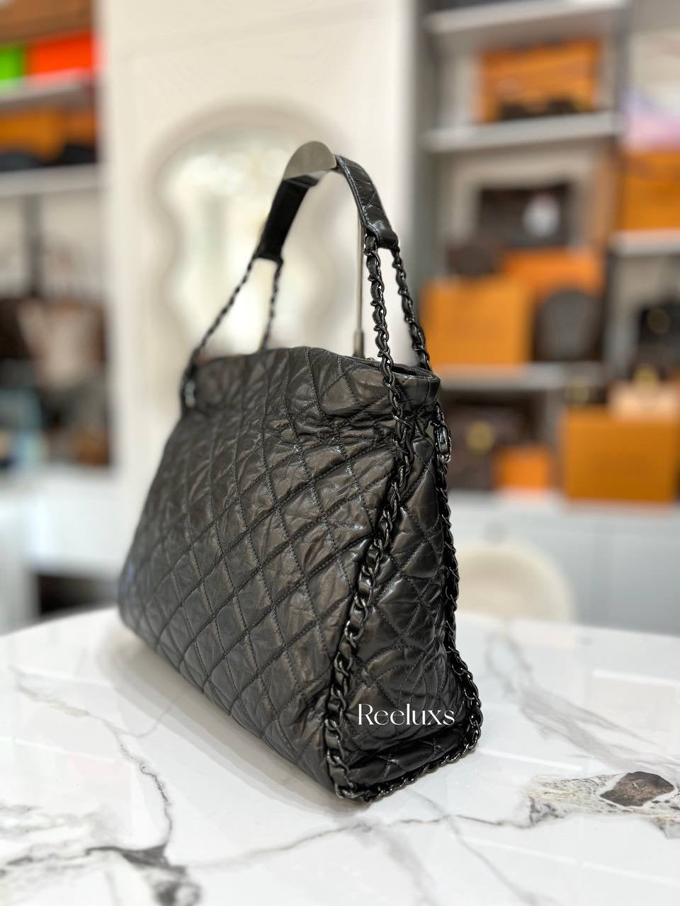 CHANEL Gunmetal Leather Chain Me Quilted Bag