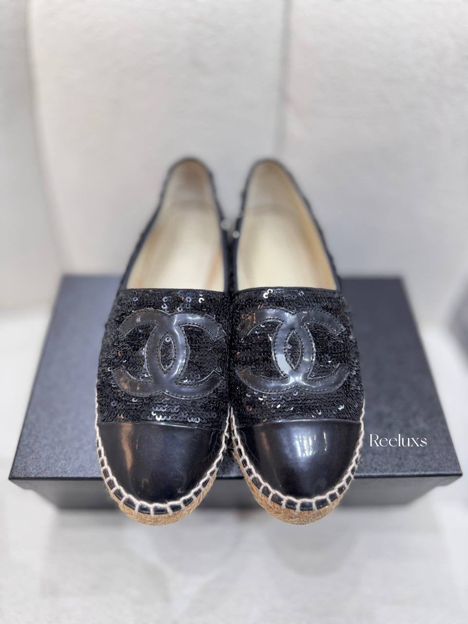 Chanel Black Sequinned Tweed & Leather CC Espadrilles
