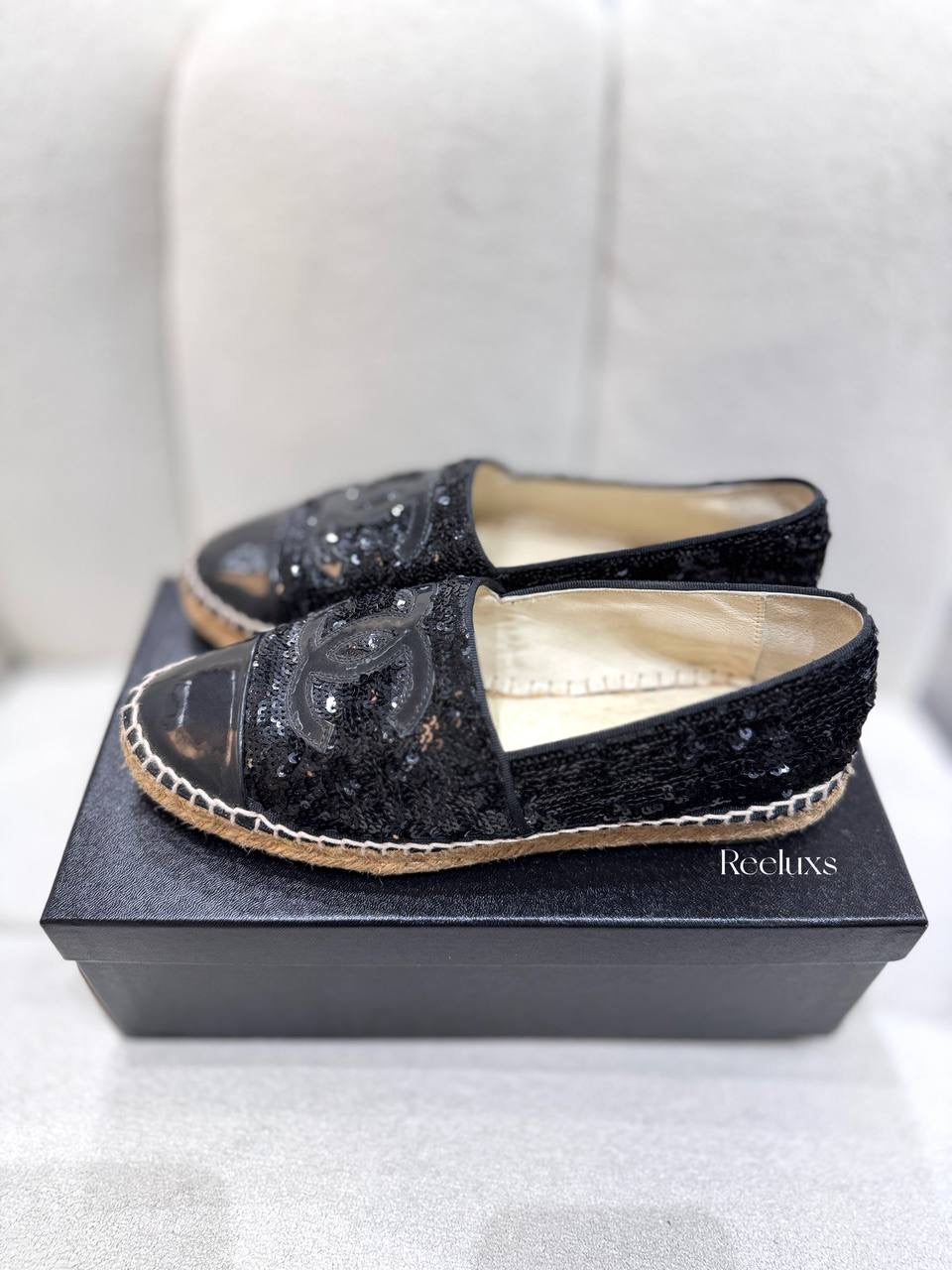 Chanel Black Sequinned Tweed & Leather CC Espadrilles