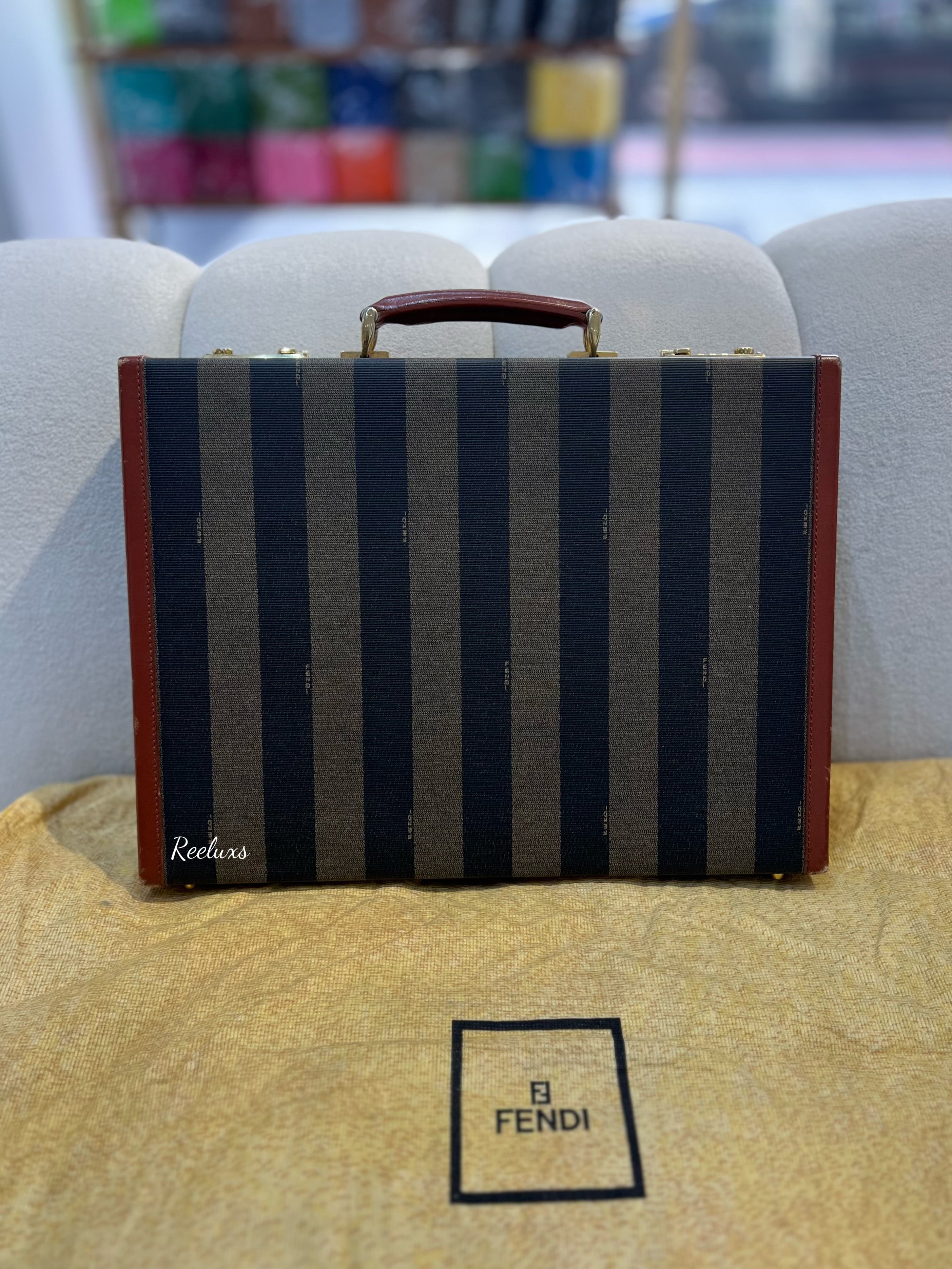 FENDI Vintage Leather & Striped Fabric Briefcase Brown Bag