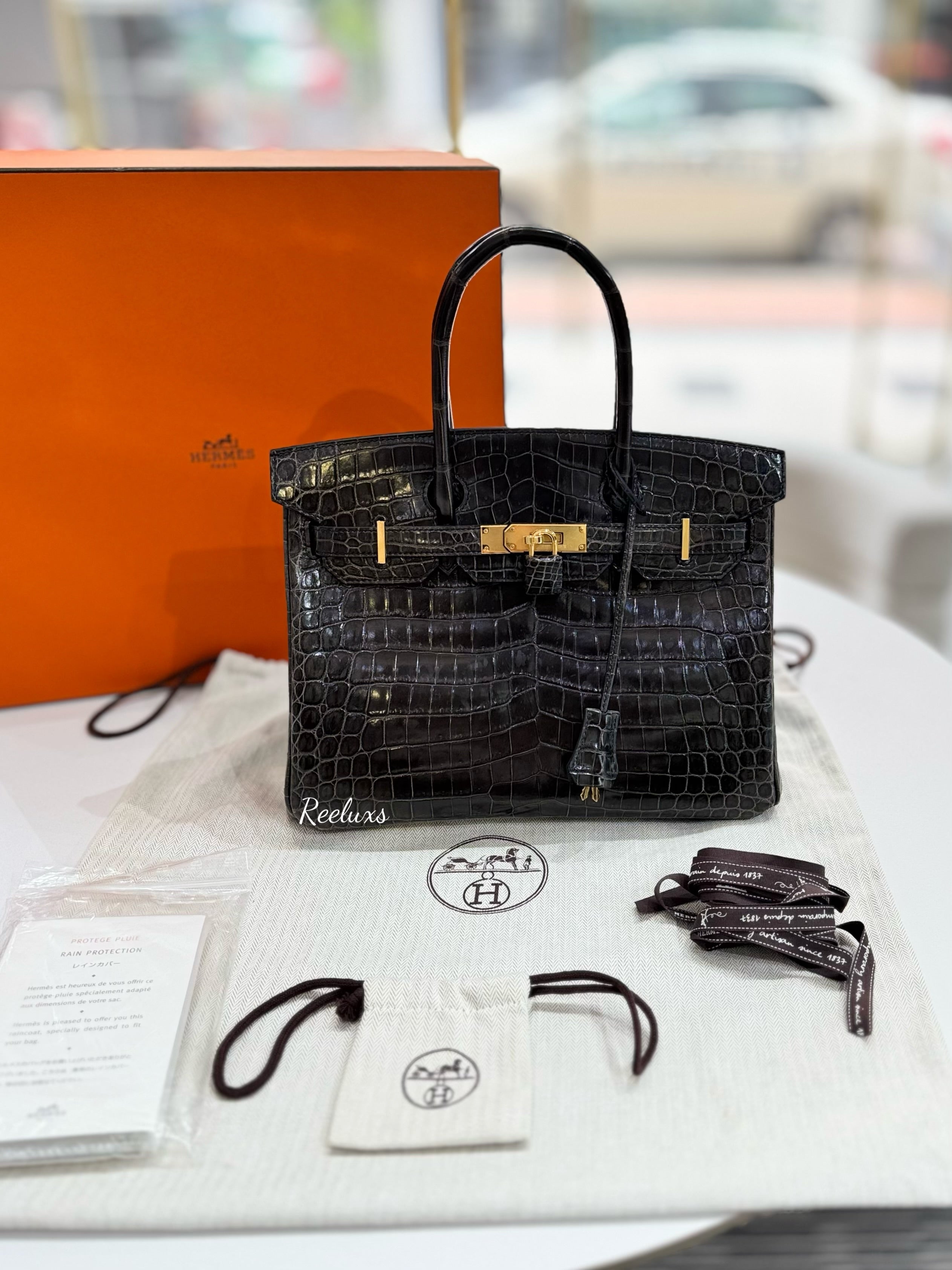 FULLSET HERMES Birkin 30 Crocodile Shiny Porosus Gold Hardware Handbag ( GHW