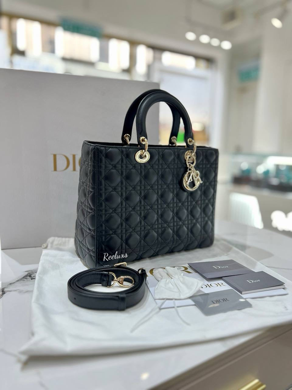 FULL SET CHRISTIAN DIOR Black Lambskin Lady Dior Cannage 2 Way Hand Bag / Shoulder Bag