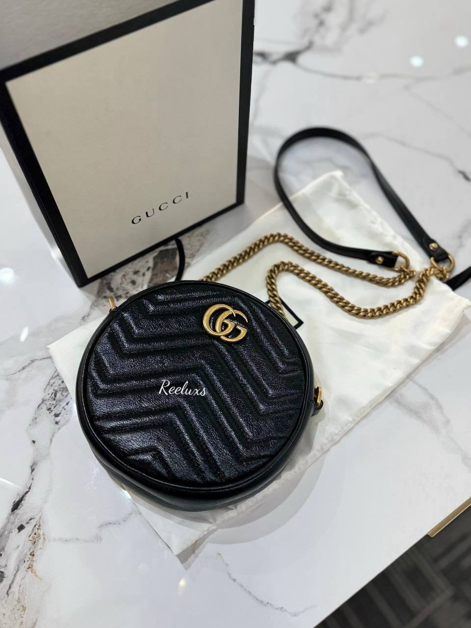 FULLSET GUCCI GG Marmont Round Crossbody Bag Mini Black